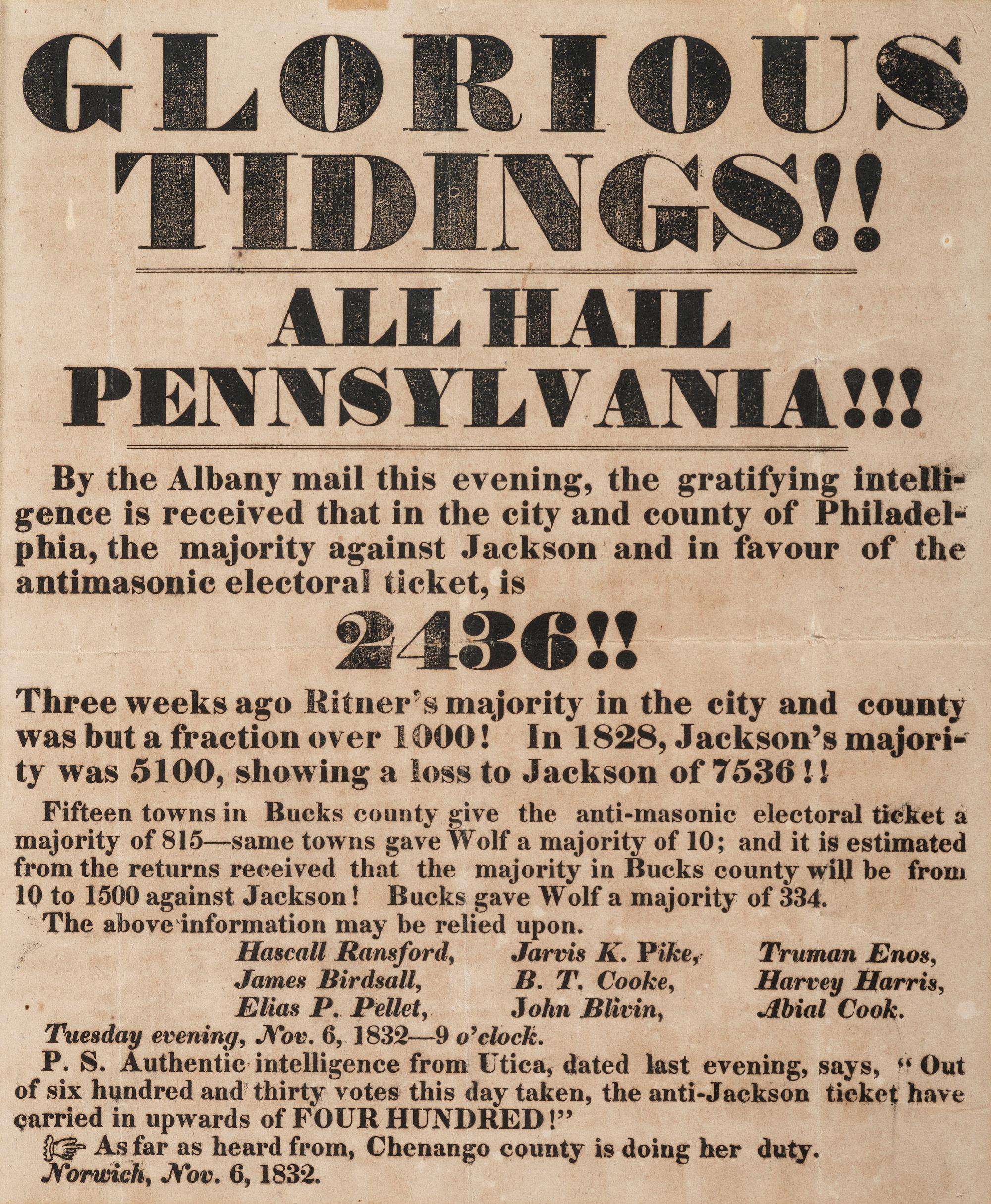 [POLITICS] Broadside announcing a majority vote against Jackson in favor of the Anti-Masonic ticket.