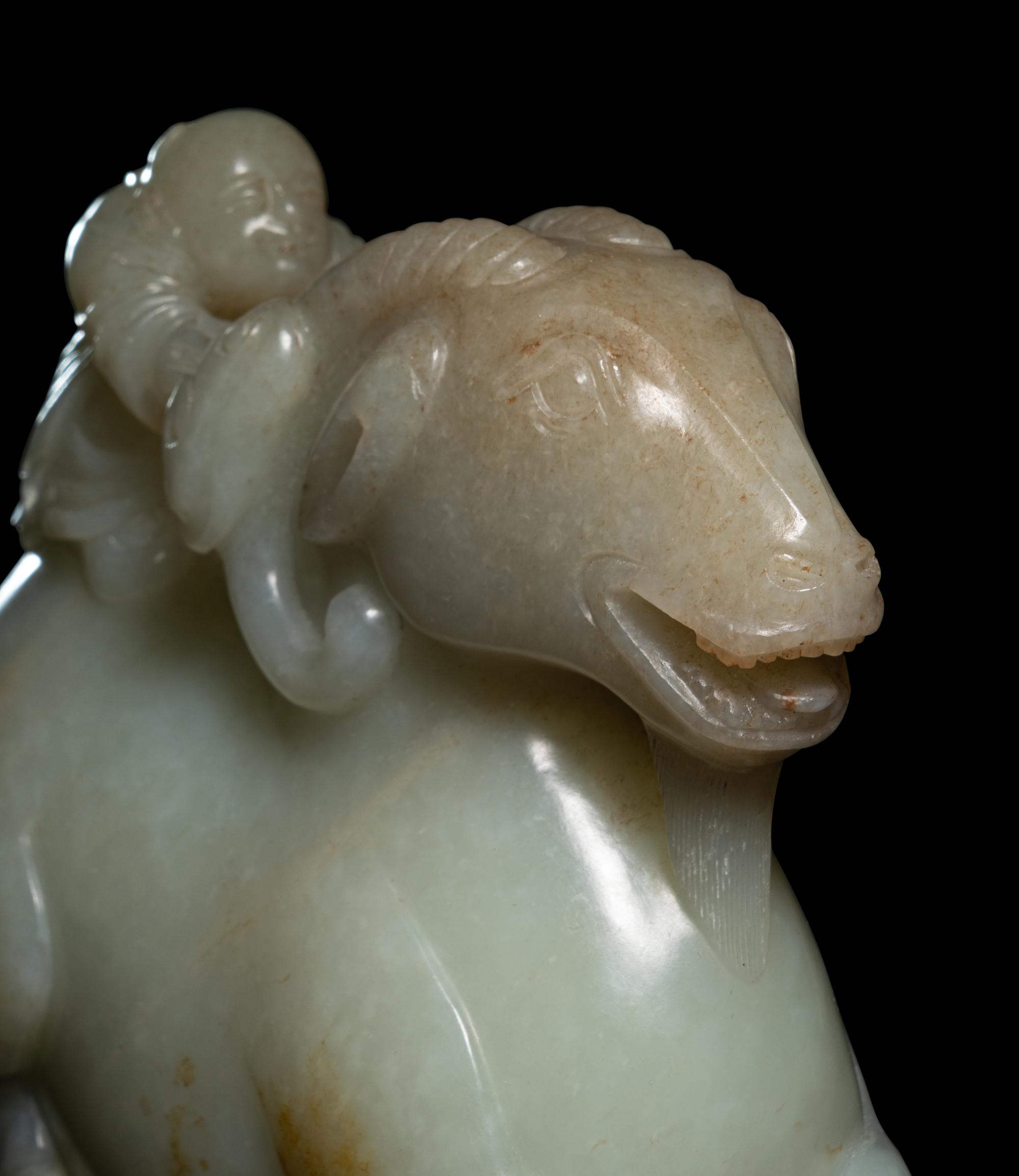 A Pale Celadon Jade 'Ram and Boy' Group