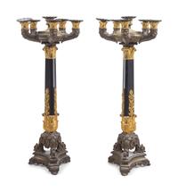 A Pair of Charles X Gilt and Patinated Bronze Six-Light Candelabra