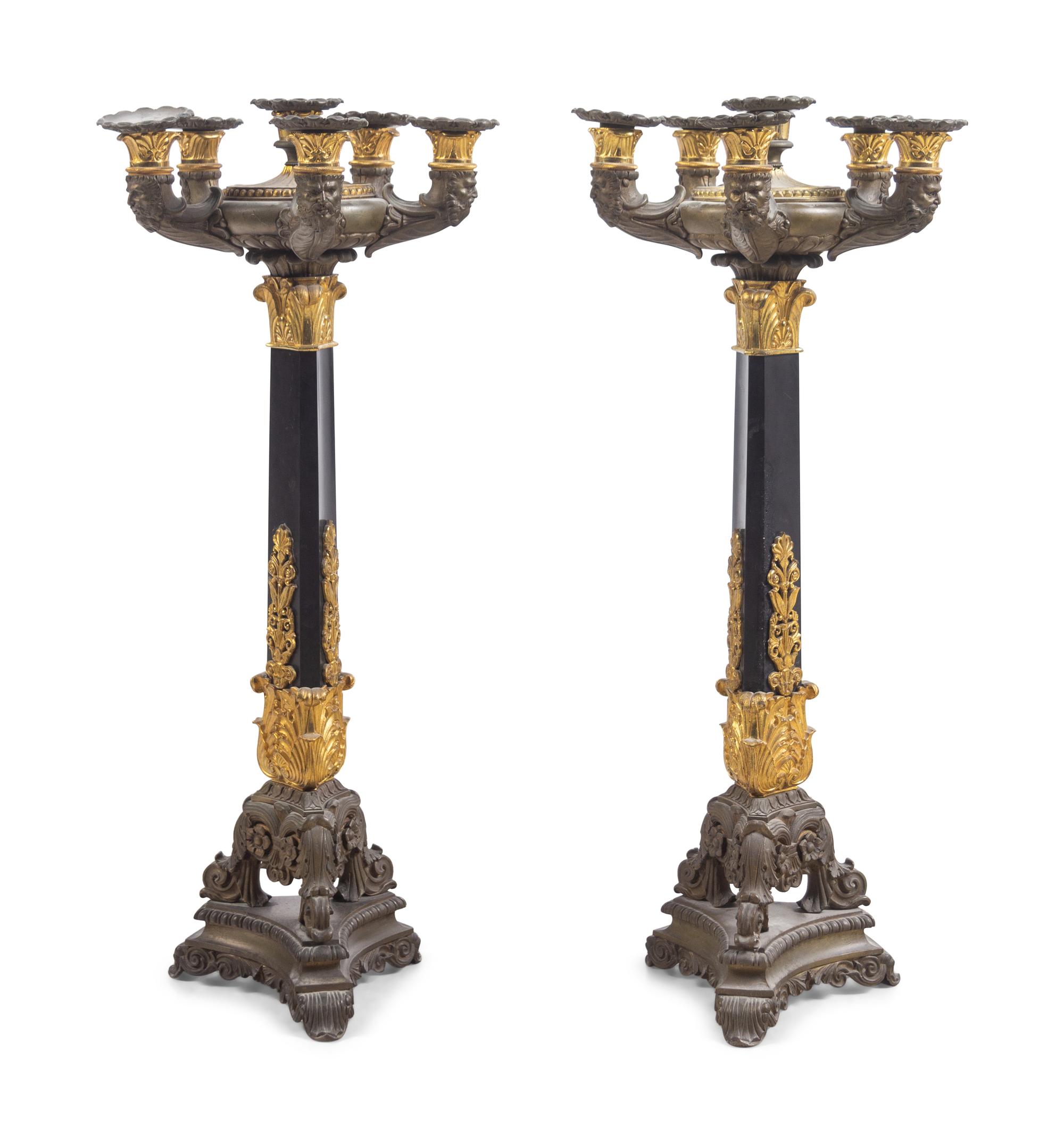 A Pair of Charles X Gilt and Patinated Bronze Six-Light Candelabra