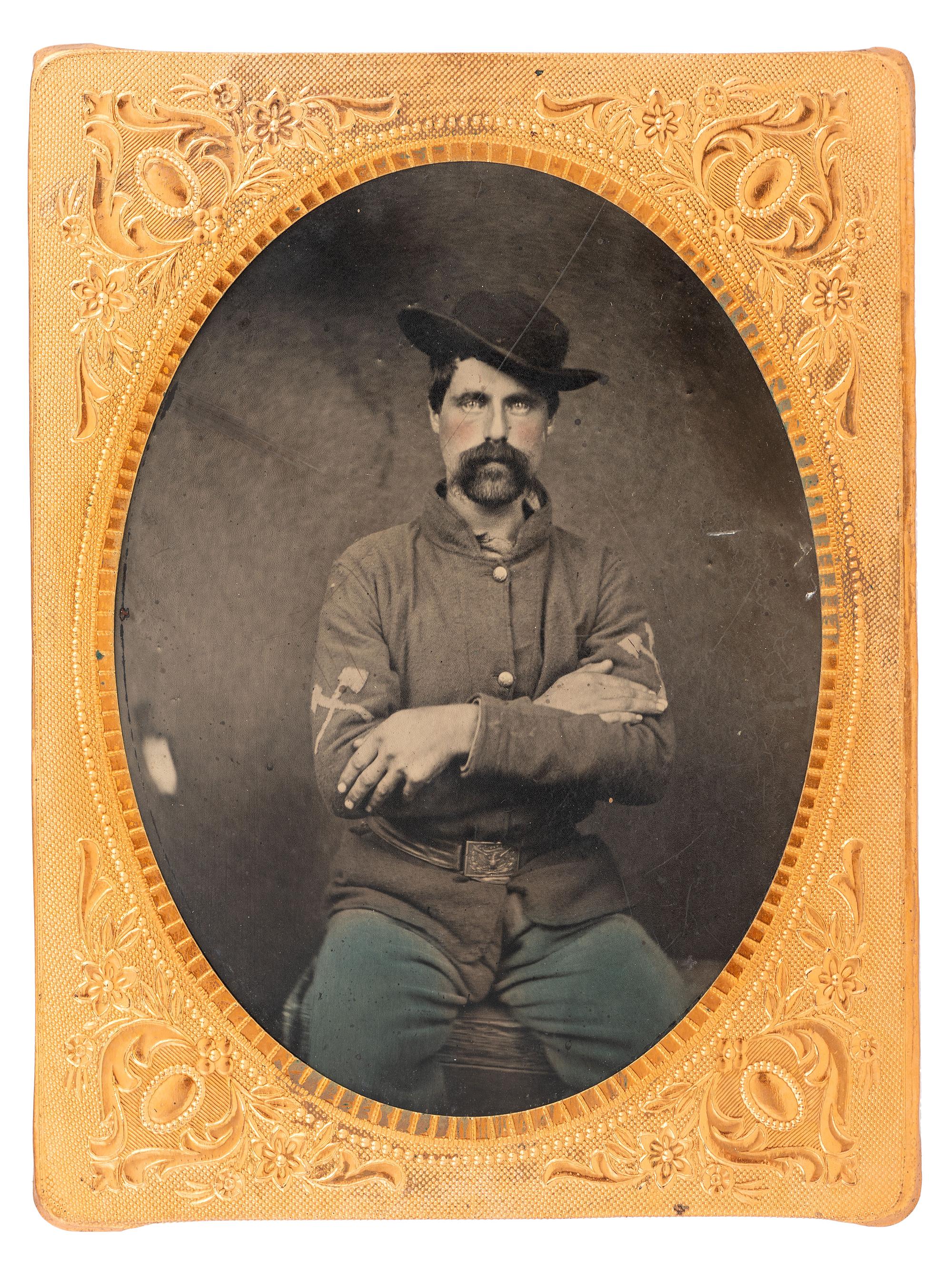 [CIVIL WAR]. Quarter plate hand-tinted tintype of a member of the Pioneer Corps .