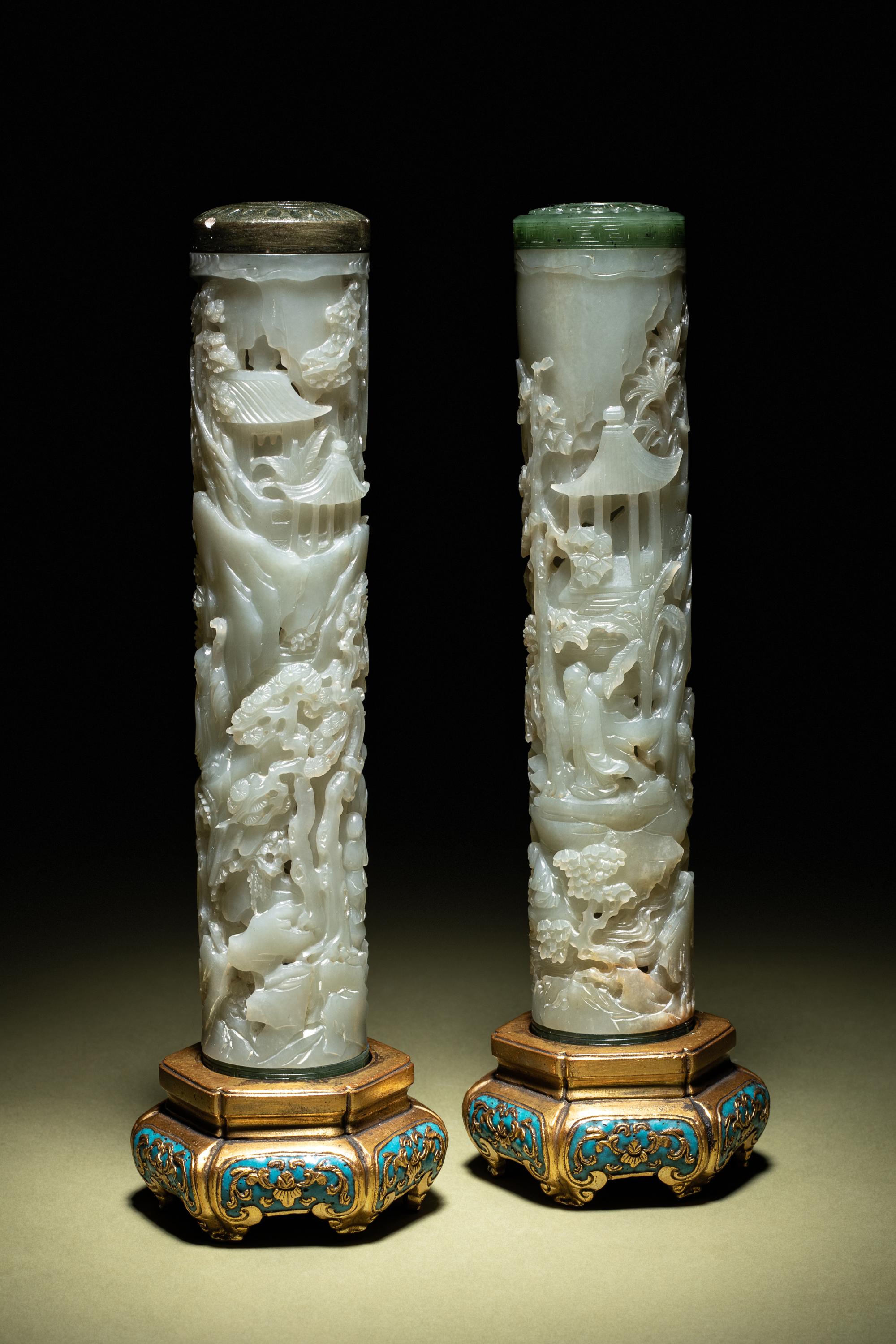 A Pair of Carved Celadon Jade Cylindrical Parfumiers