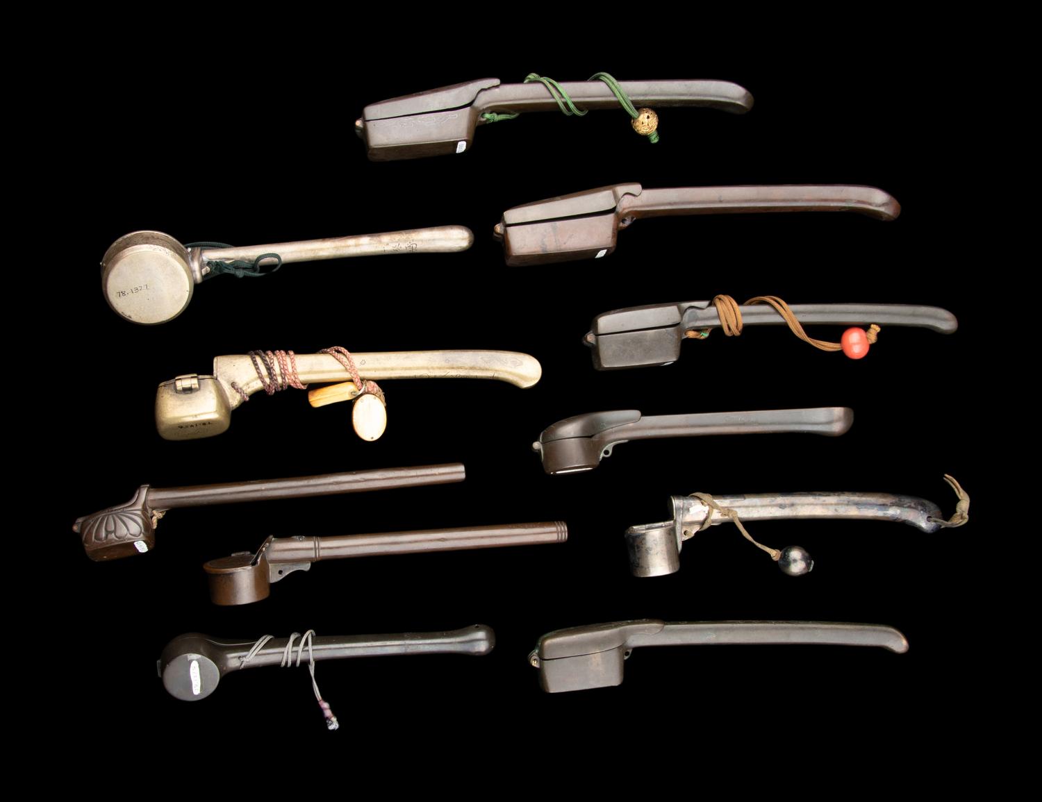 11 Japanese Incised Metal Portable Writing Sets, Yatate