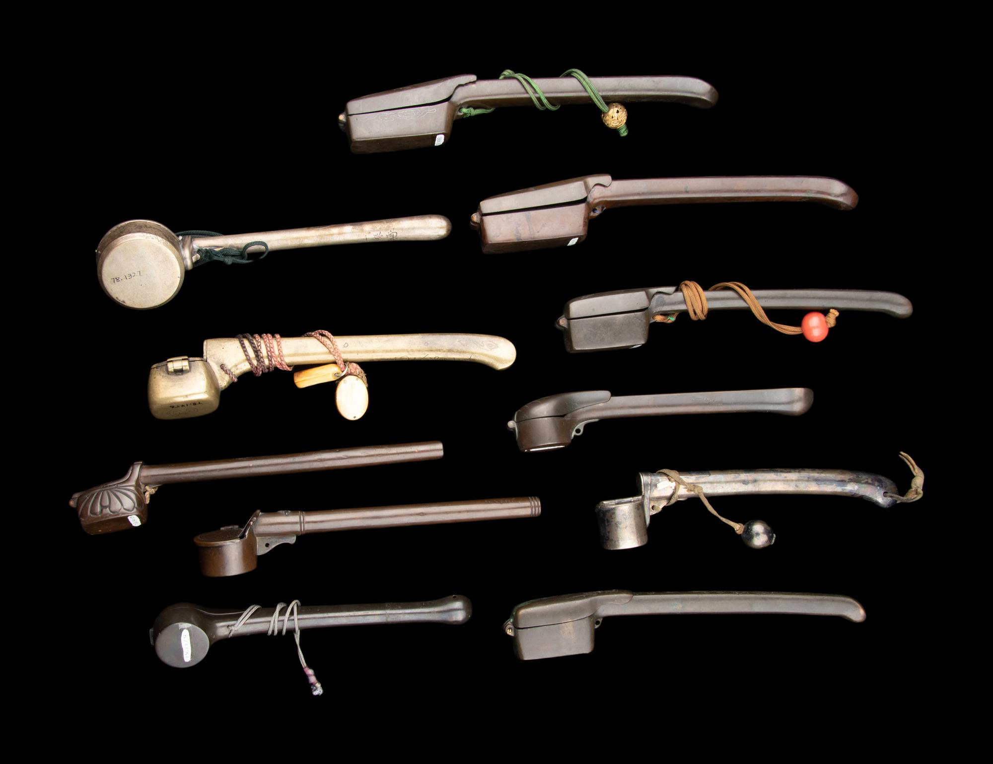 11 Japanese Incised Metal Portable Writing Sets, Yatate