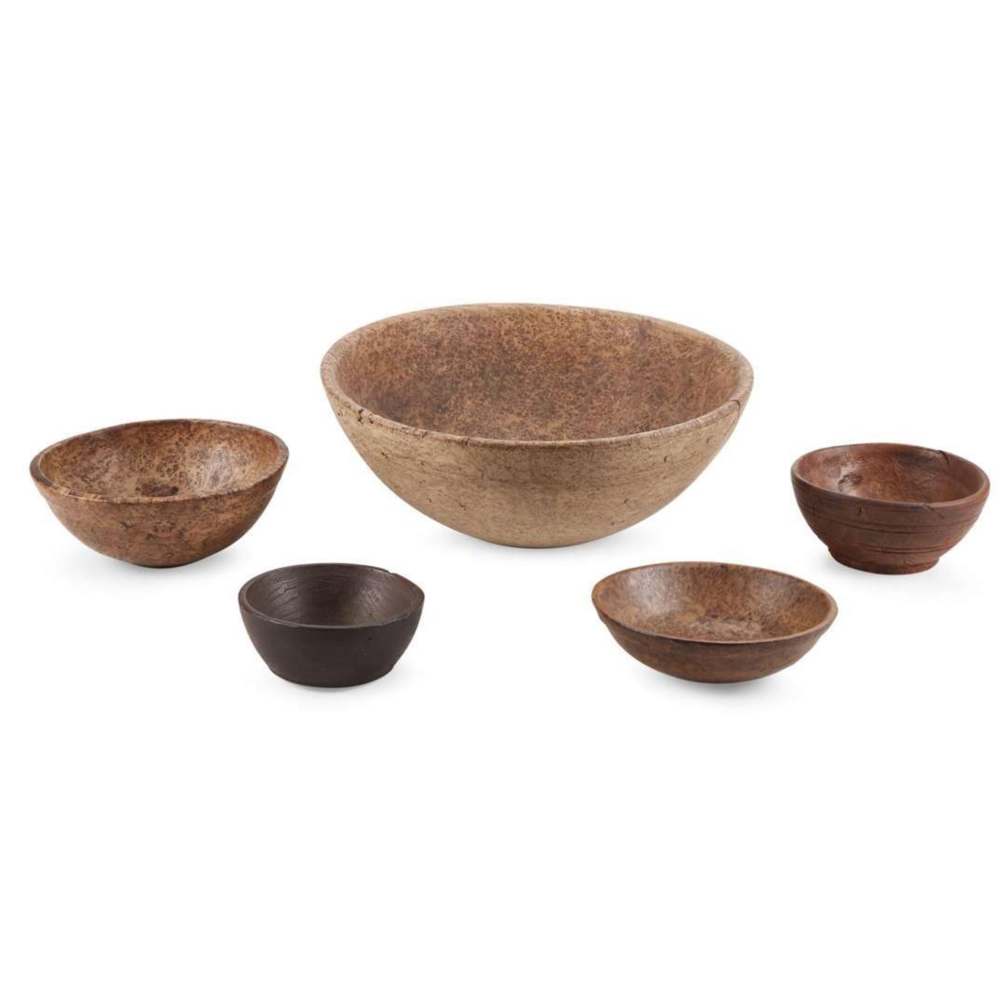 Group of five turned burlwood bowls 19th century