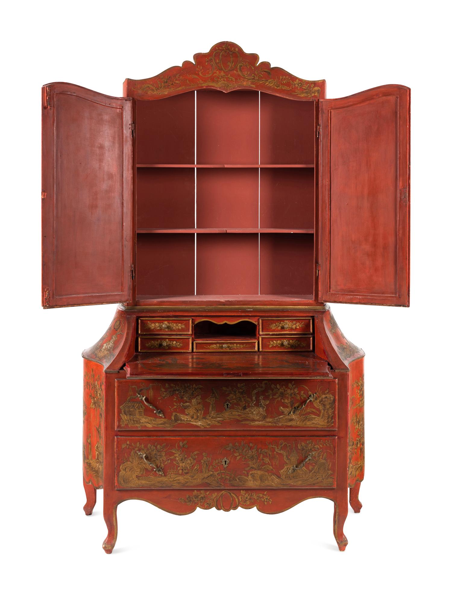 An Italian Red and Gilt-Japanned Bureau Cabinet