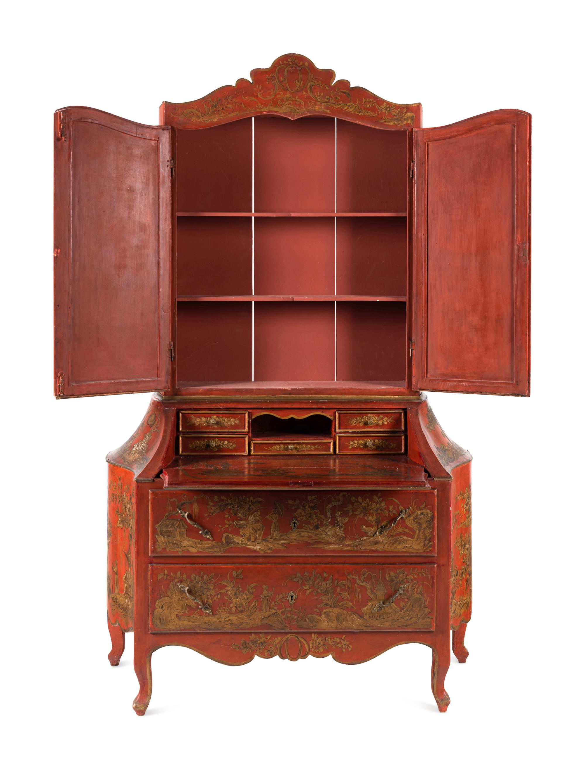 An Italian Red and Gilt-Japanned Bureau Cabinet