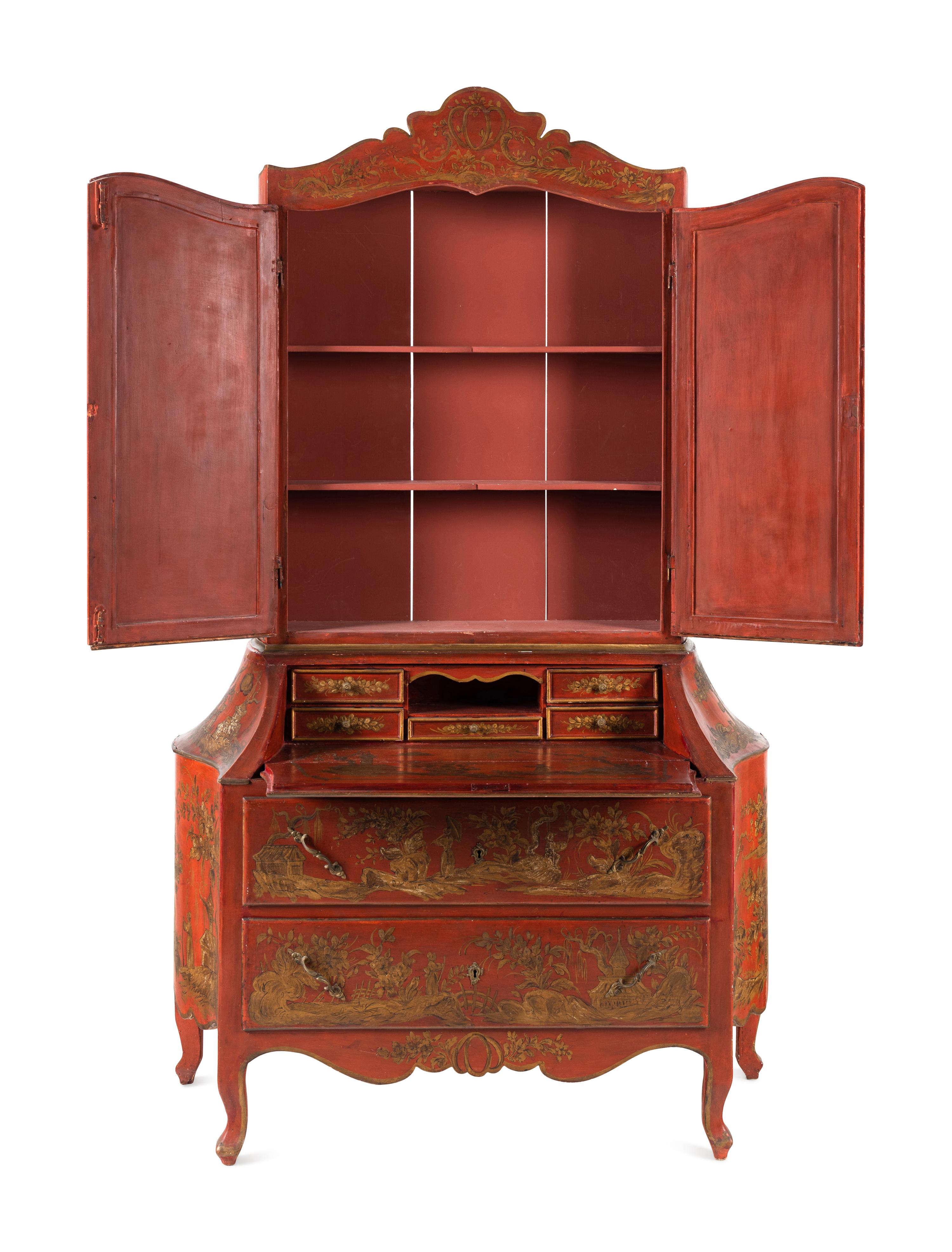 An Italian Red and Gilt-Japanned Bureau Cabinet