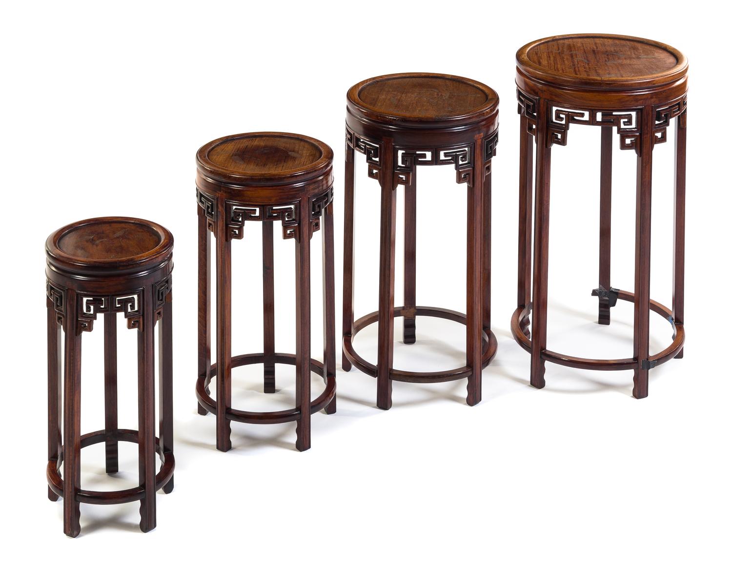 A Set of Four Silver Inlaid Hongmu Nesting Tables Height of tallest 26 1/4 x width 14 1/8 inches.