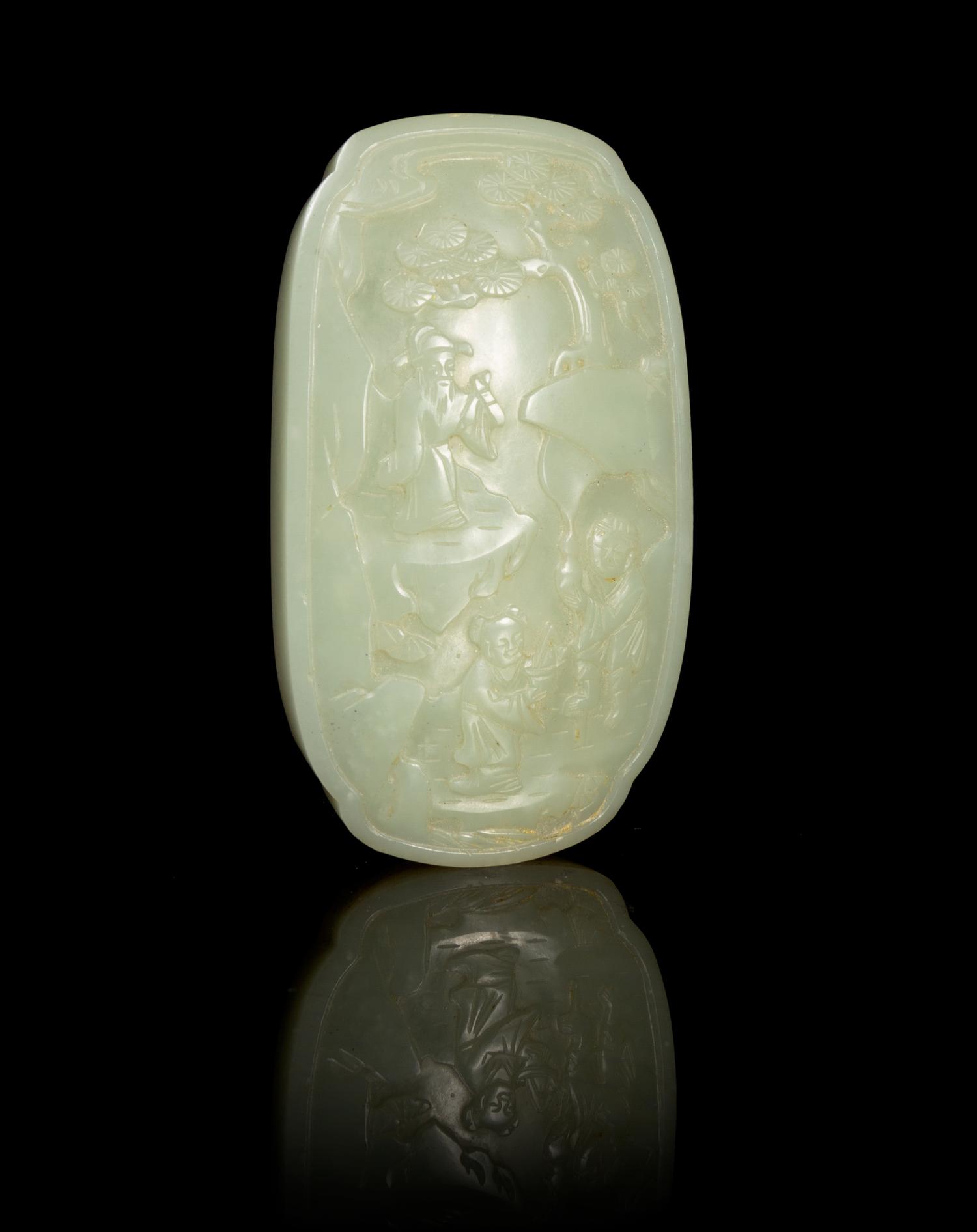 A Carved Celadon Jade Plaque Height 4 1/8 inches.