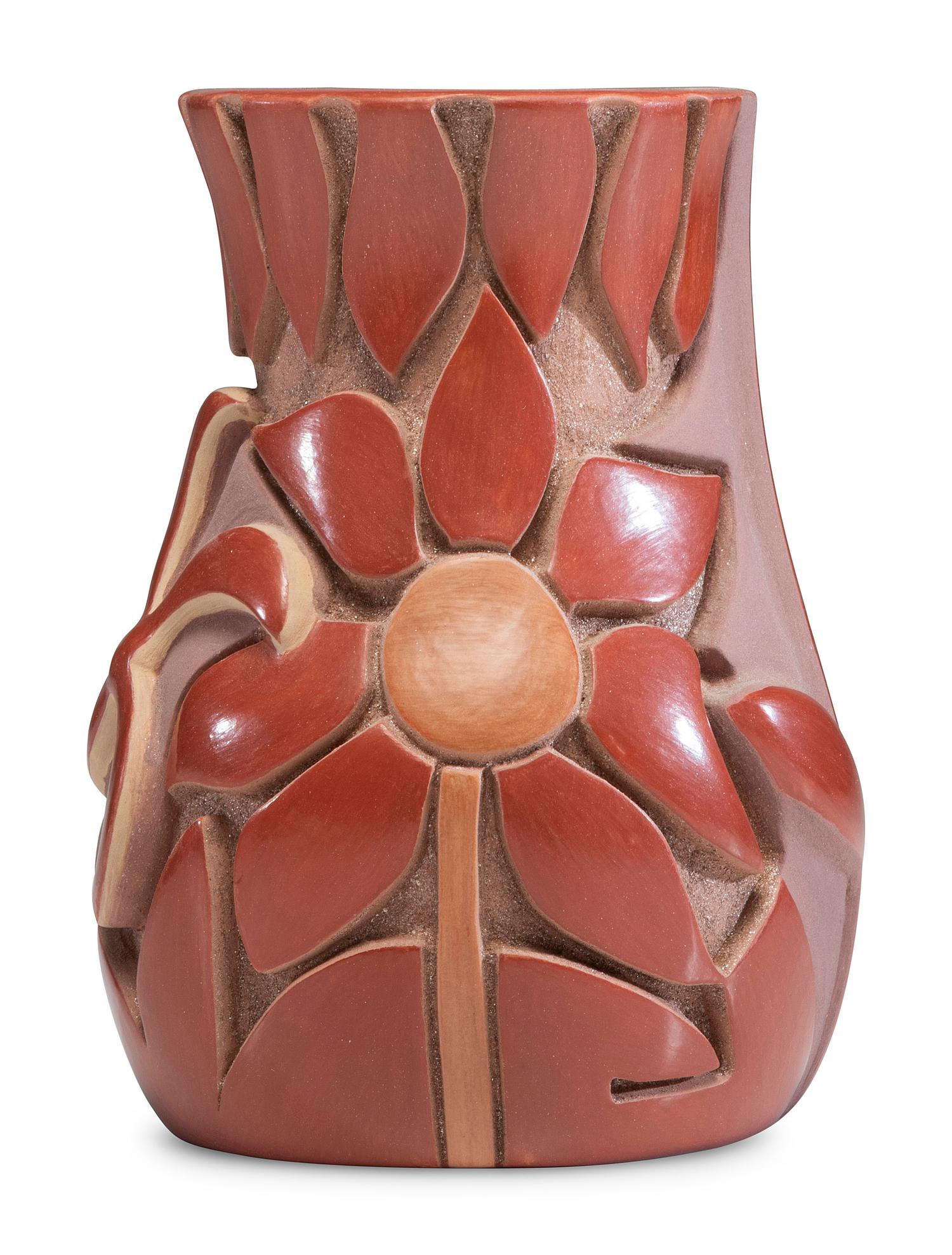 Red and Sienna Carved Pottery Vase