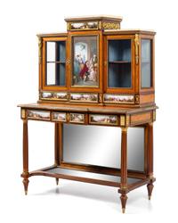 A Louis XVI Style Gilt Bronze and Meissen Porcelain Mounted Marquetry Secrétaire Bibliothèque