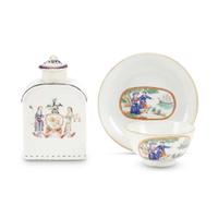 Chinese Export porcelain 'Arms of New York' tea caddy and 'Sailor's Farewell and Return' teabowl and saucer early 19th century