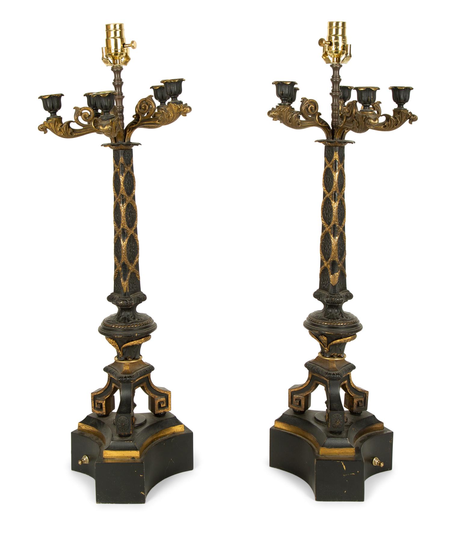 A Pair of Continental Gilt and Patinated Bronze Candelabra Mounted as Lamps — 20TH CENTURY