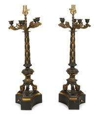 A Pair of Continental Gilt and Patinated Bronze Candelabra Mounted as Lamps — 20TH CENTURY