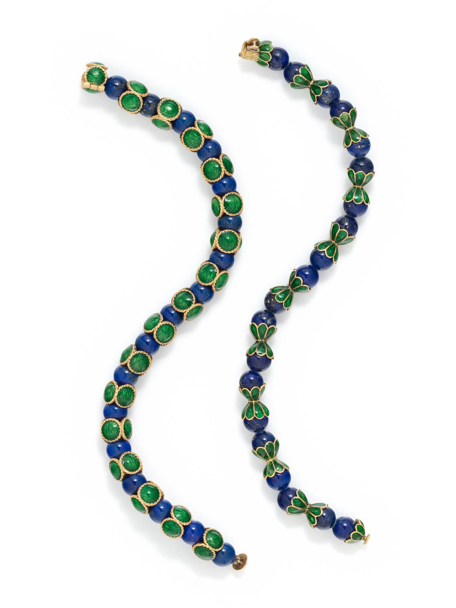 FRENCH, LAPIS LAZULI AND ENAMEL BEAD BRACELET SET