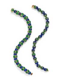 FRENCH, LAPIS LAZULI AND ENAMEL BEAD BRACELET SET