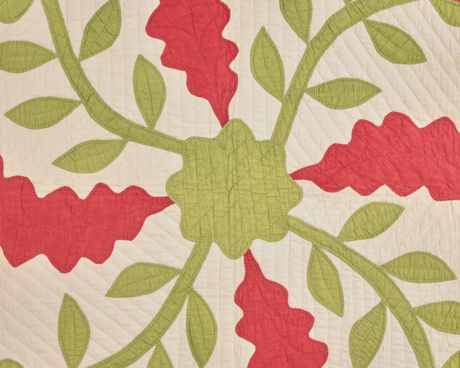 A Red and Green "Princess Feather" and Floral Applique Quilt Panel