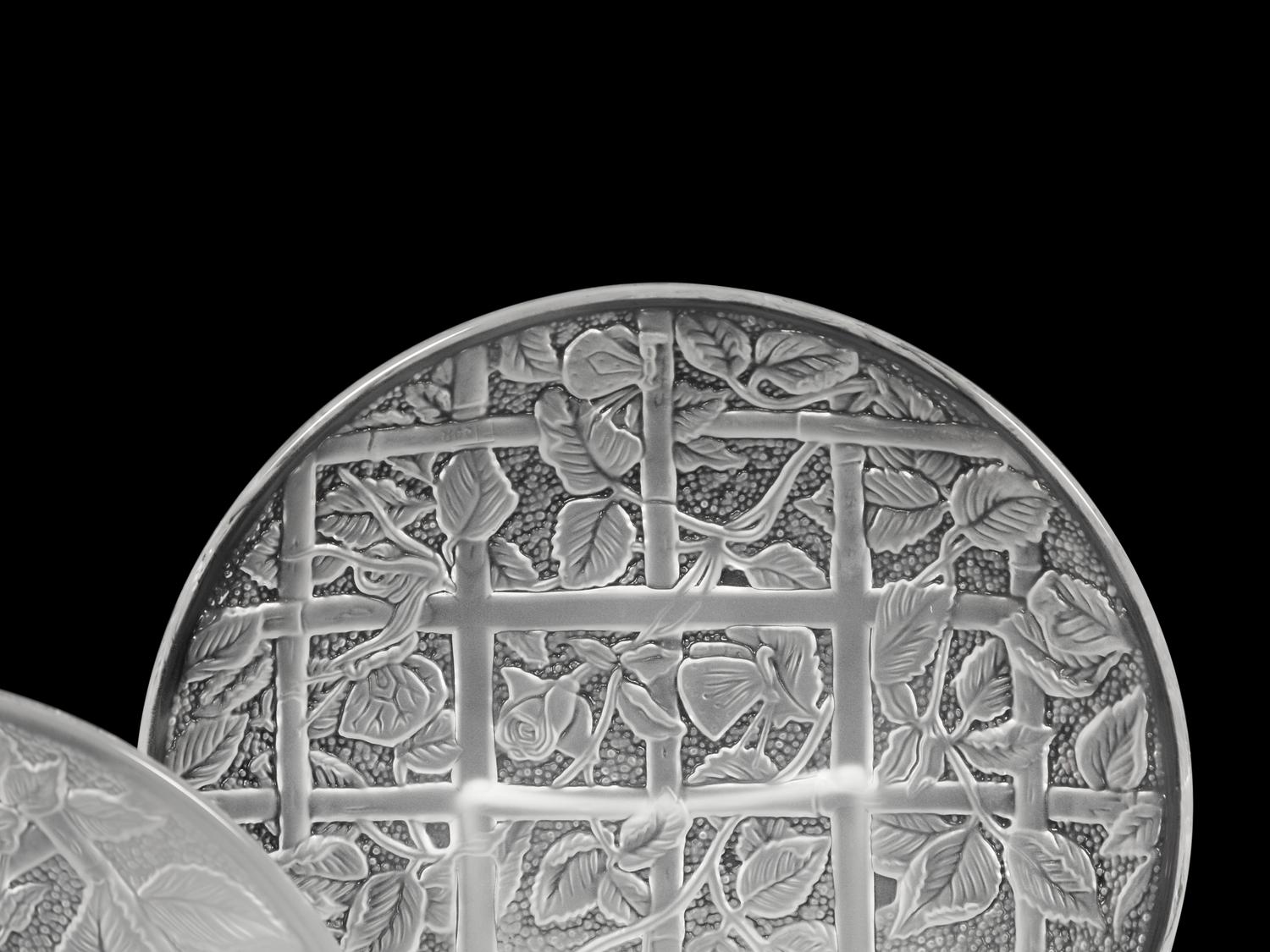 Twenty-Four Molded and Frosted Trellis Pattern Dessert Plates