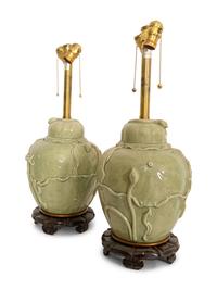A Pair of Chinese Celadon Porcelain Jar Lamps with Bronze Stands