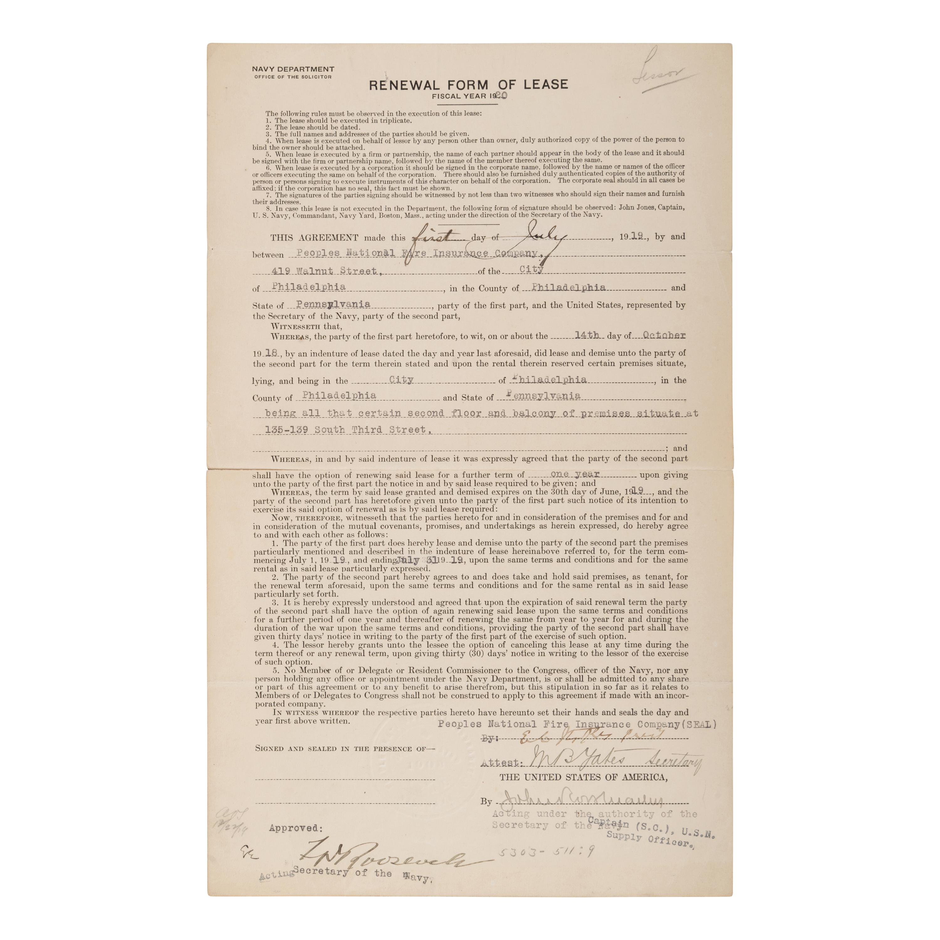 Roosevelt, Franklin Delano (1882-1945). Partly printed document signed ("Fr. Roosevelt") as Assistant Secretary of the Navy., Washington, D.C., 1 July 1919.