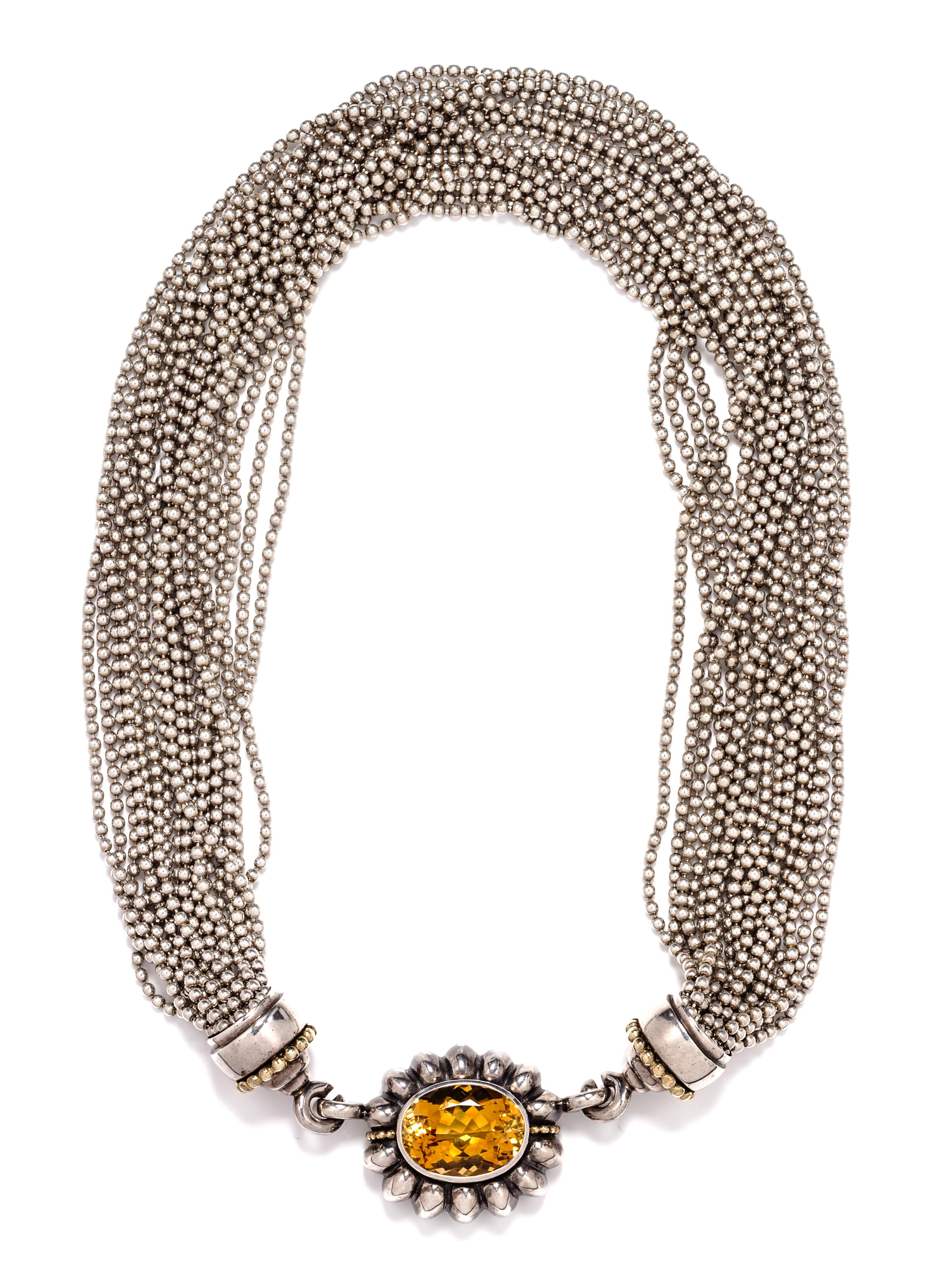 A Sterling Silver, 18 Karat Yellow Gold and Citrine "Caviar" Necklace, Lagos, 91.00 dwts.