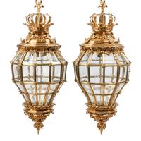 A Pair of French Neoclassical Style Gilt Bronze and Etched Glass Hall Lanterns