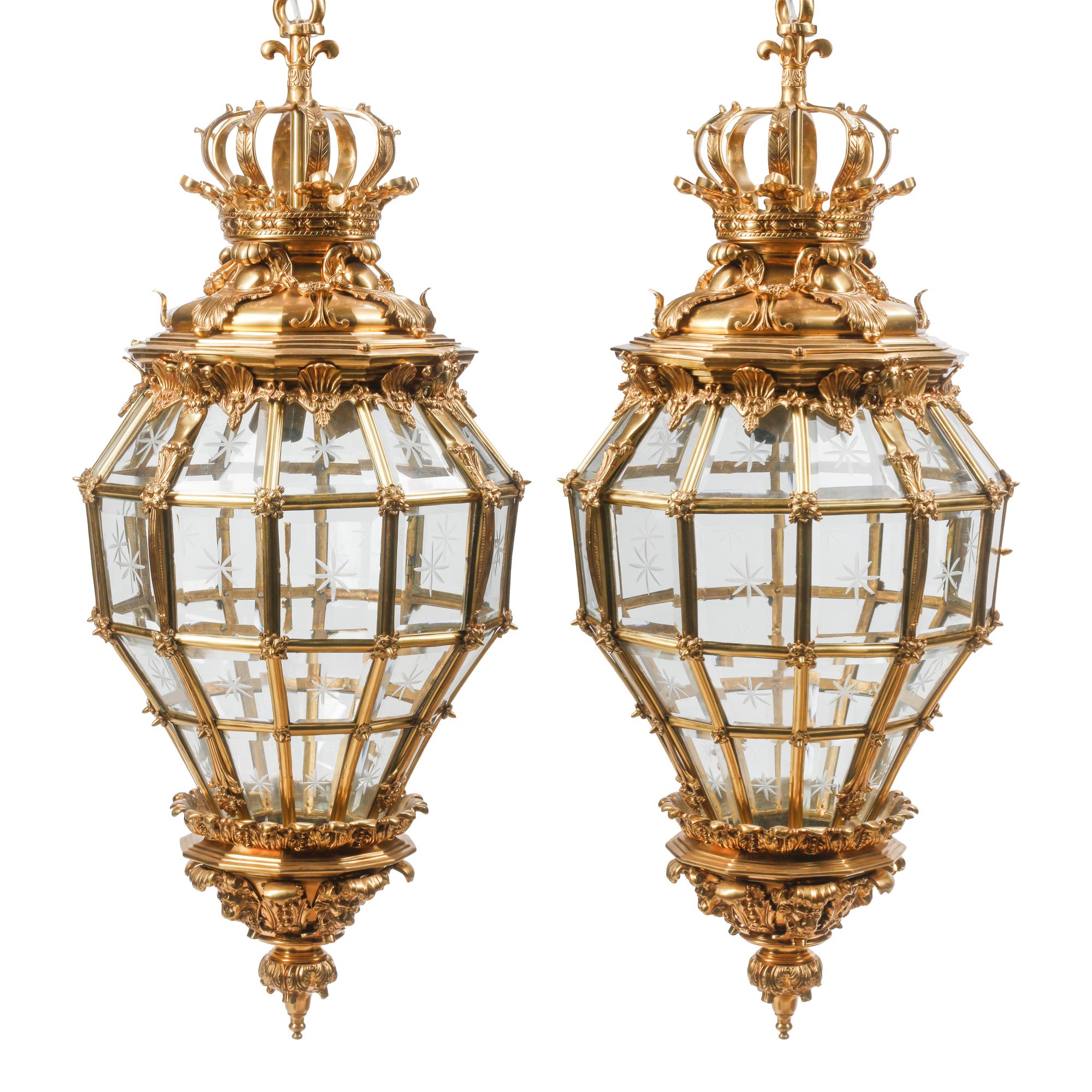 A Pair of French Neoclassical Style Gilt Bronze and Etched Glass Hall Lanterns