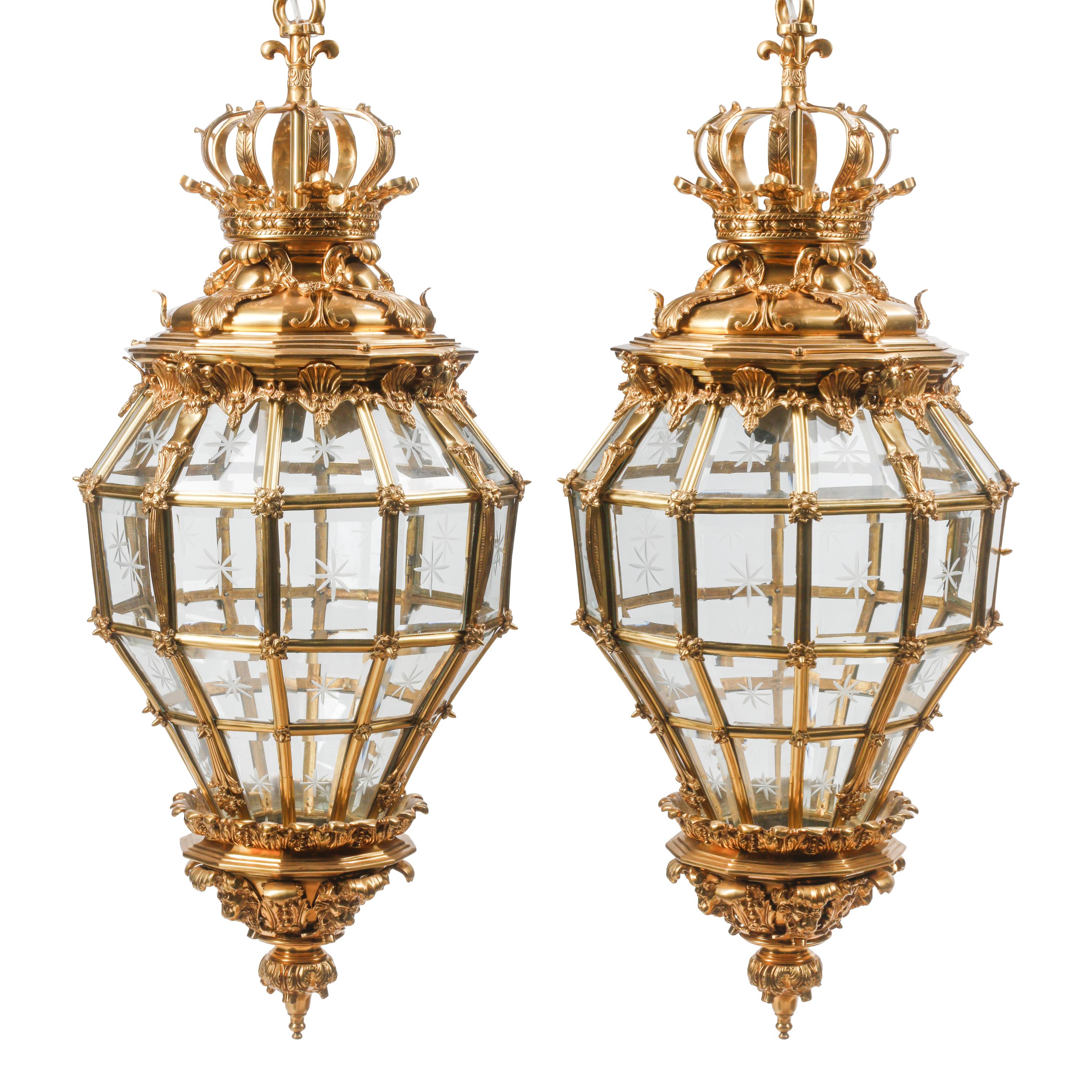 A Pair of French Neoclassical Style Gilt Bronze and Etched Glass Hall Lanterns