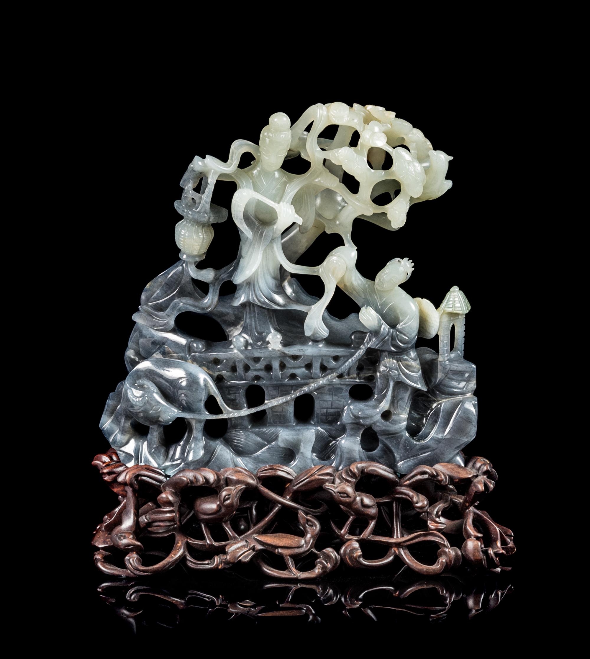 A Black and White Jade Figural Group Height 5 1/2 inches. — 20TH CENTURY