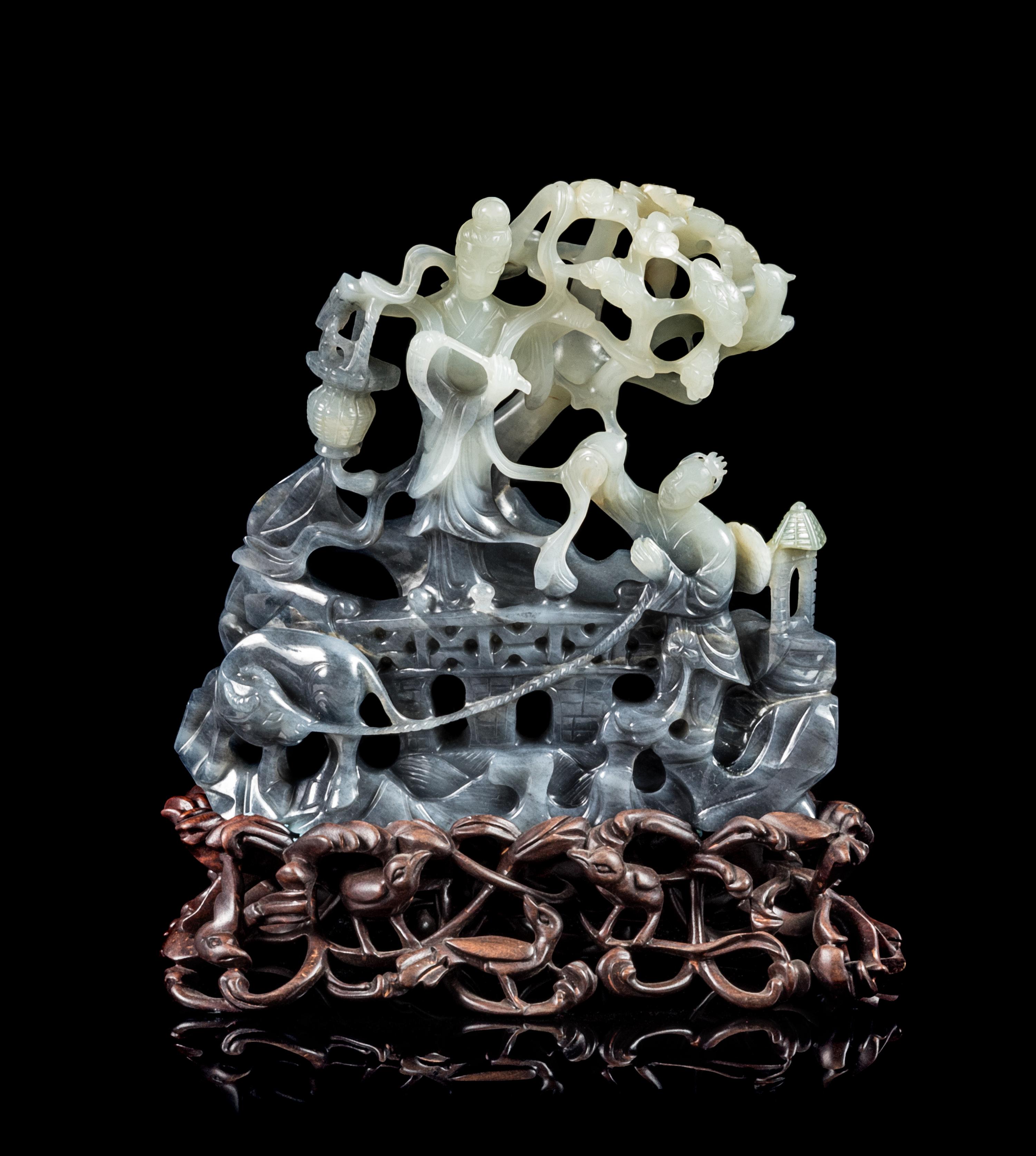 A Black and White Jade Figural Group Height 5 1/2 inches. — 20TH CENTURY