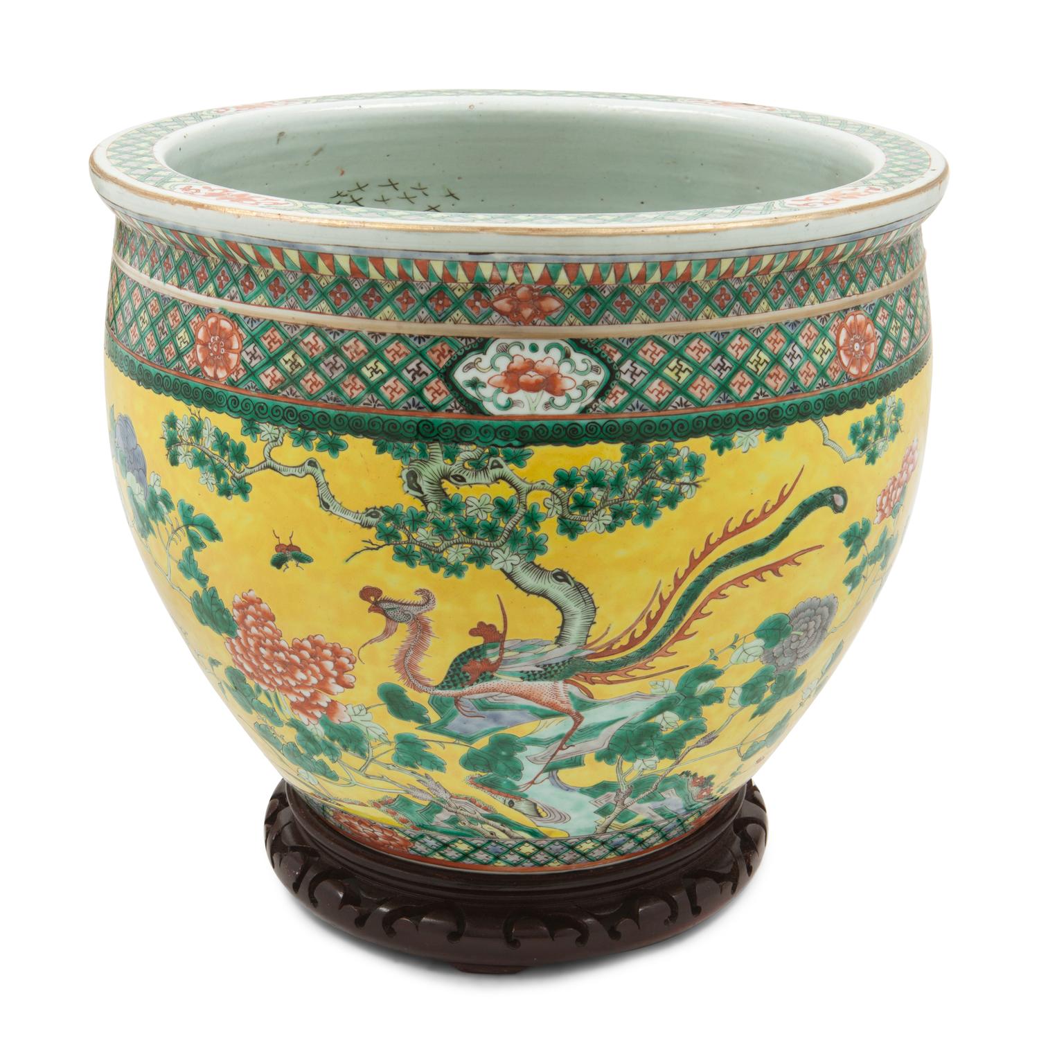 A Chinese Yellow Ground Famille Rose Porcelain Fish Bowl