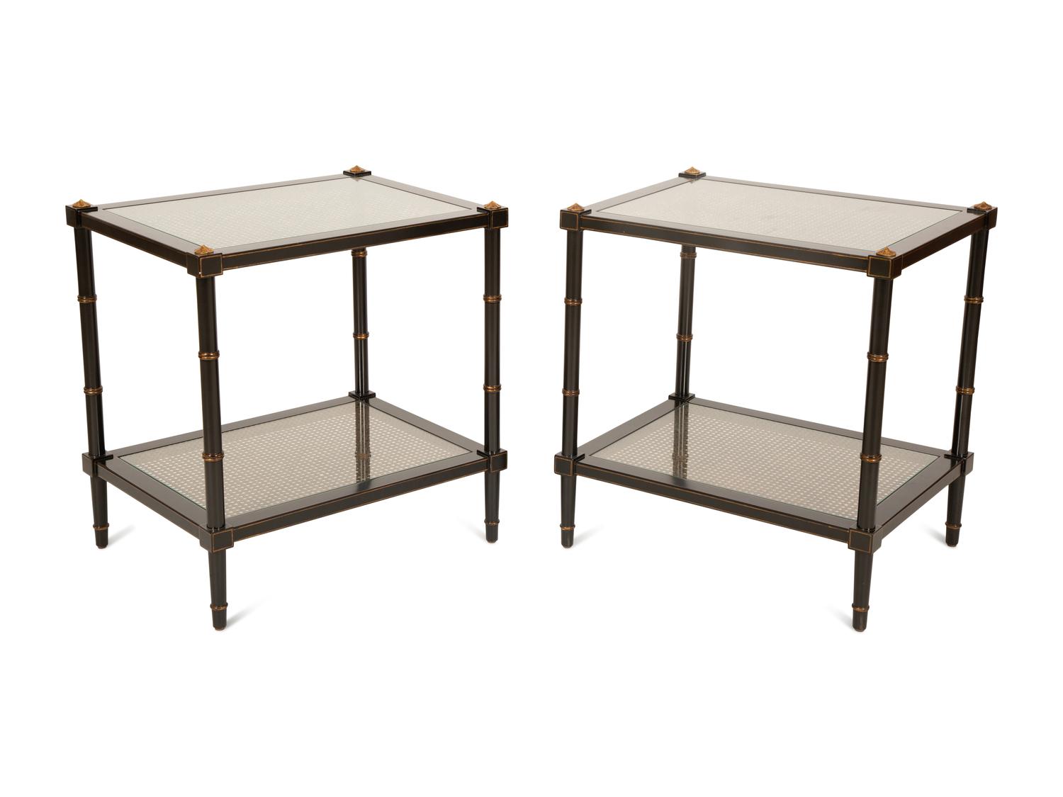 A Pair of Regency Style Ebonized and Gilt Decorated Side Tables