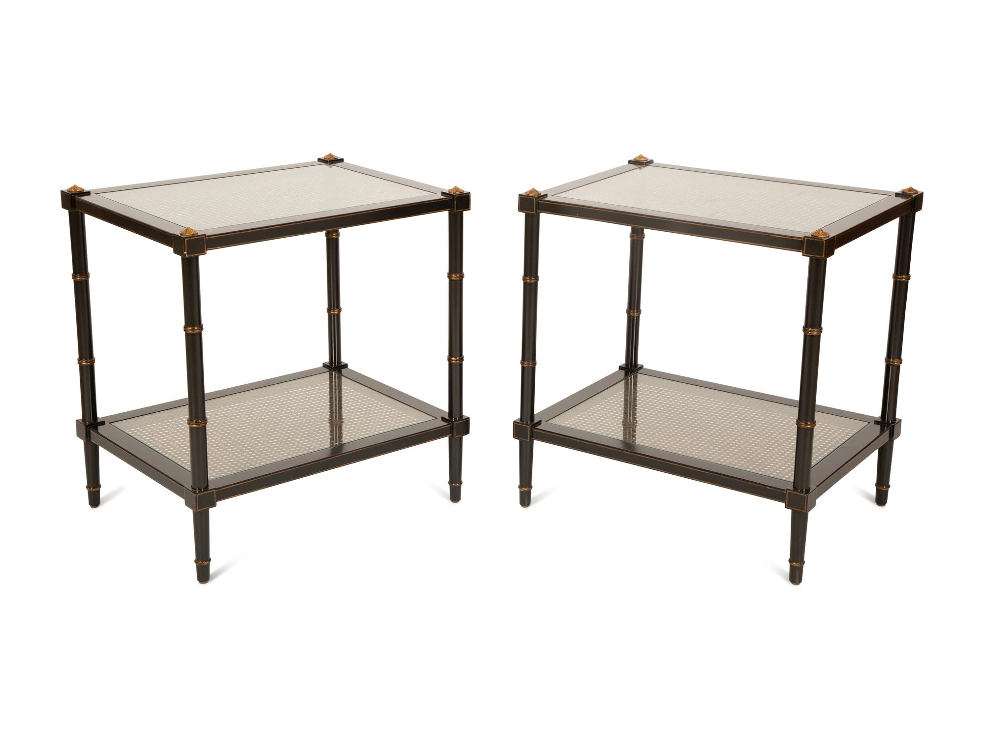 A Pair of Regency Style Ebonized and Gilt Decorated Side Tables