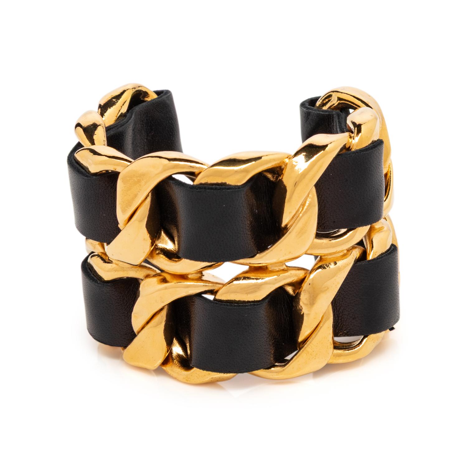 Chanel, Interwoven Leather-Metal Chain Cuff Bracelet