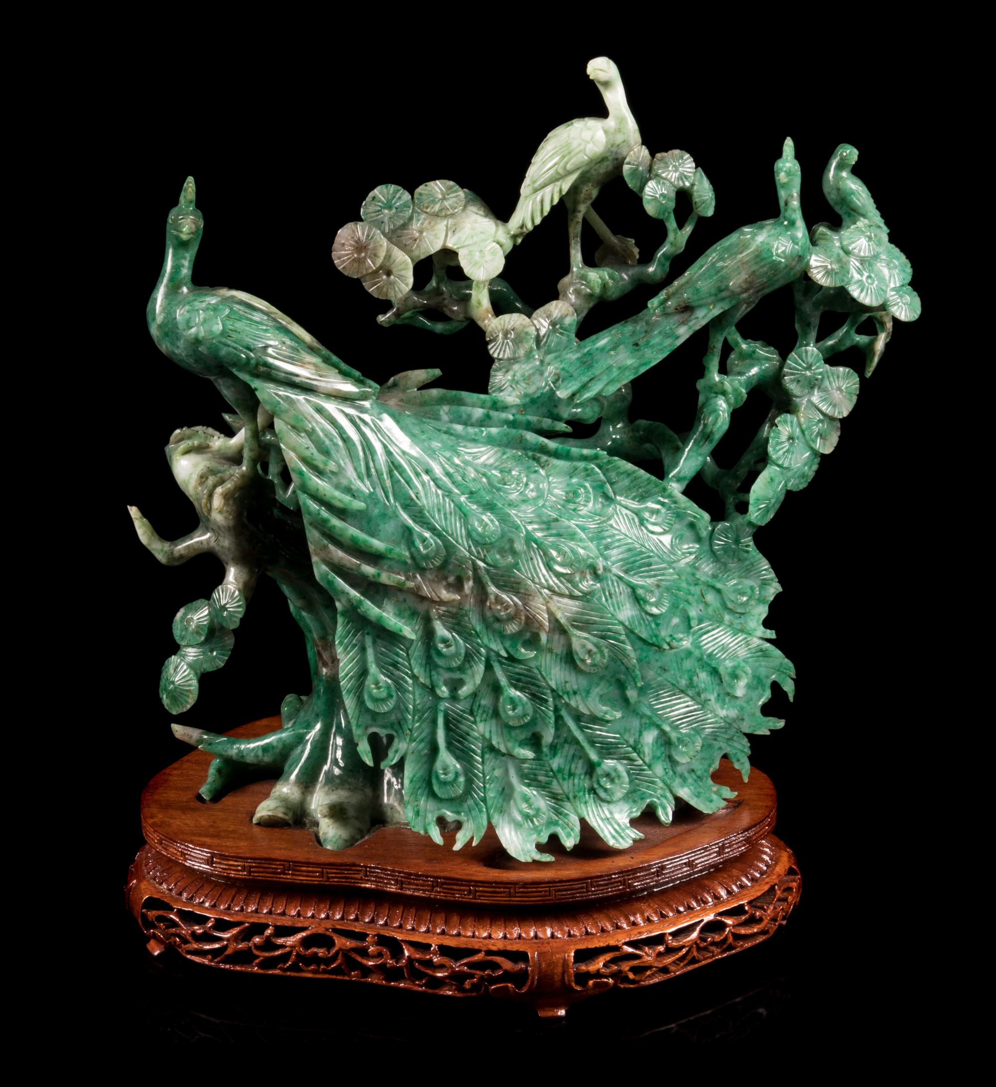 A Green Jadeite Figural Group of Birds Height 8 1/4 inches. — 20TH CENTURY