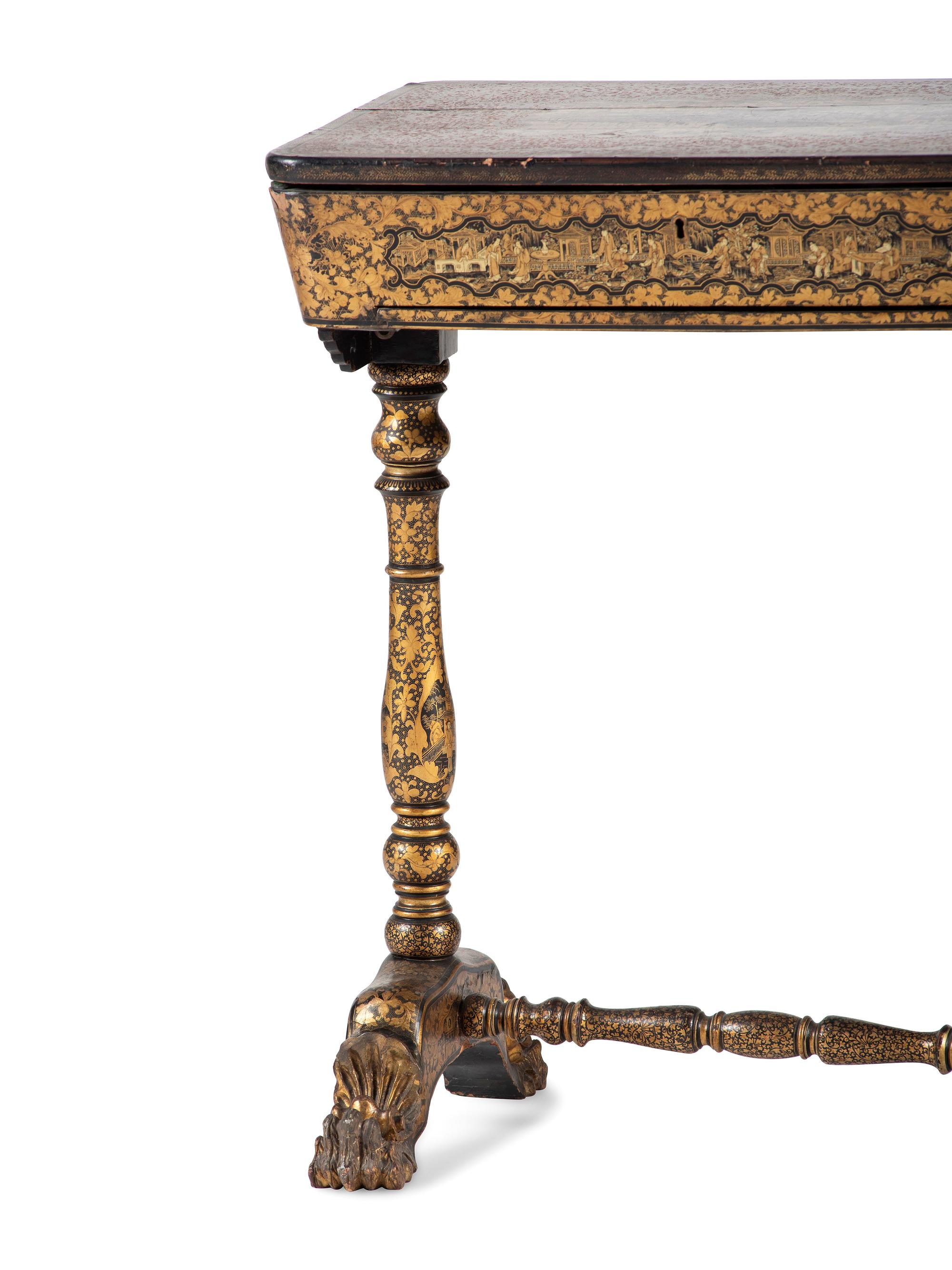 A Chinese Export Gilt and Black Lacquered Sewing Table