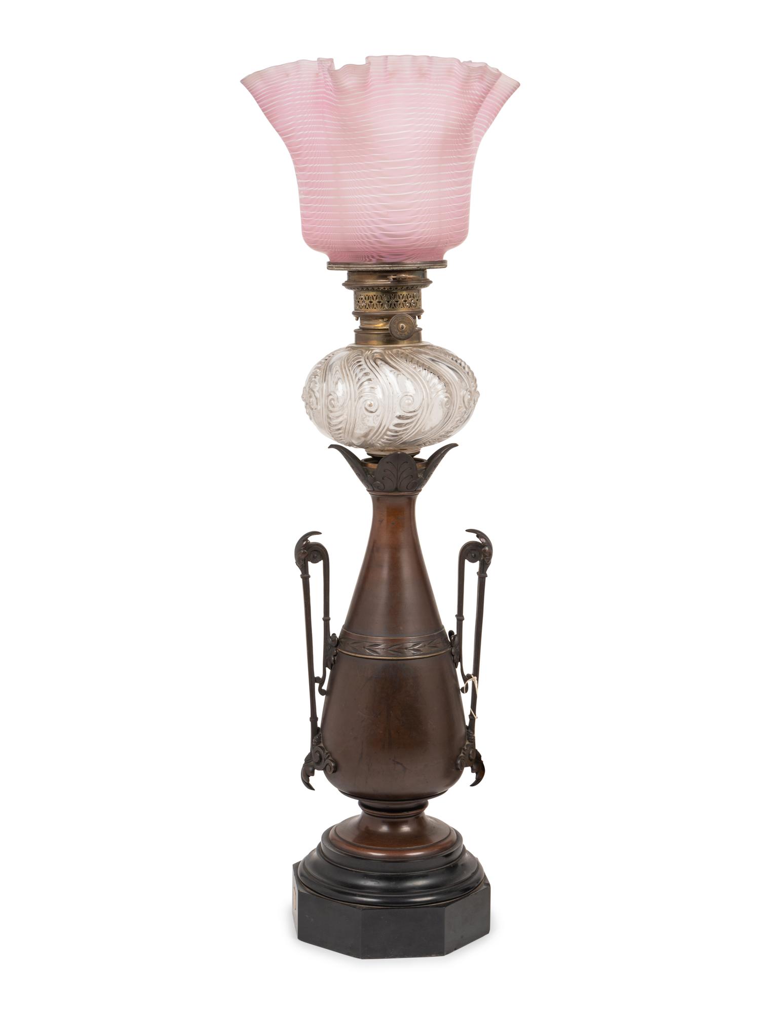 A Pair of French Neoclassical Bronze and Cut Glass Fluid Lamps Converted to Electricity
