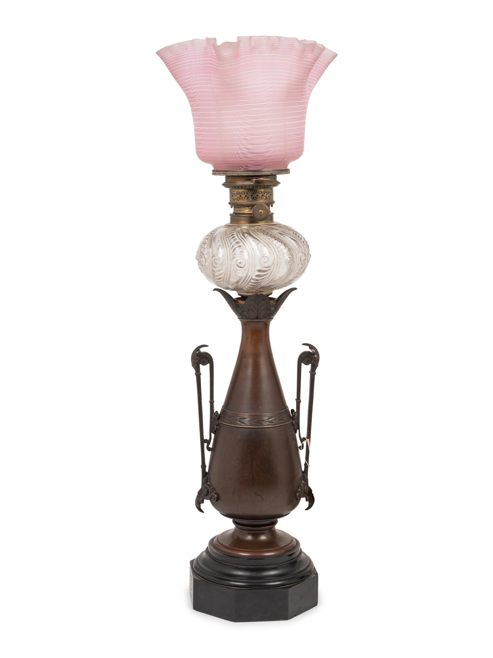 A Pair of French Neoclassical Bronze and Cut Glass Fluid Lamps Converted to Electricity
