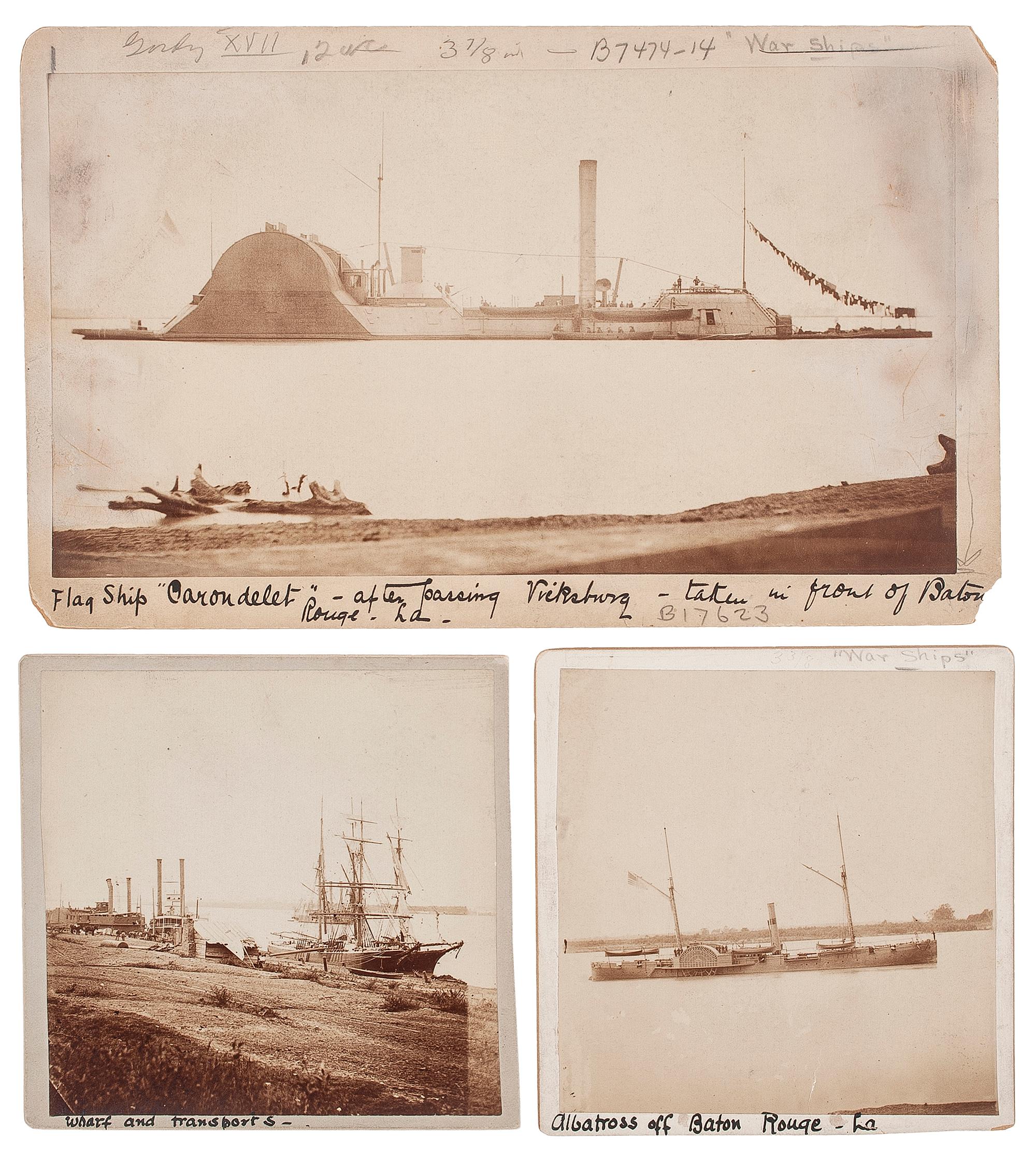 [CIVIL WAR]. A group of 3 companion albumen photographs of gunboats at Baton Rouge, USS Conemaugh , Switzerland , and Choctaw.