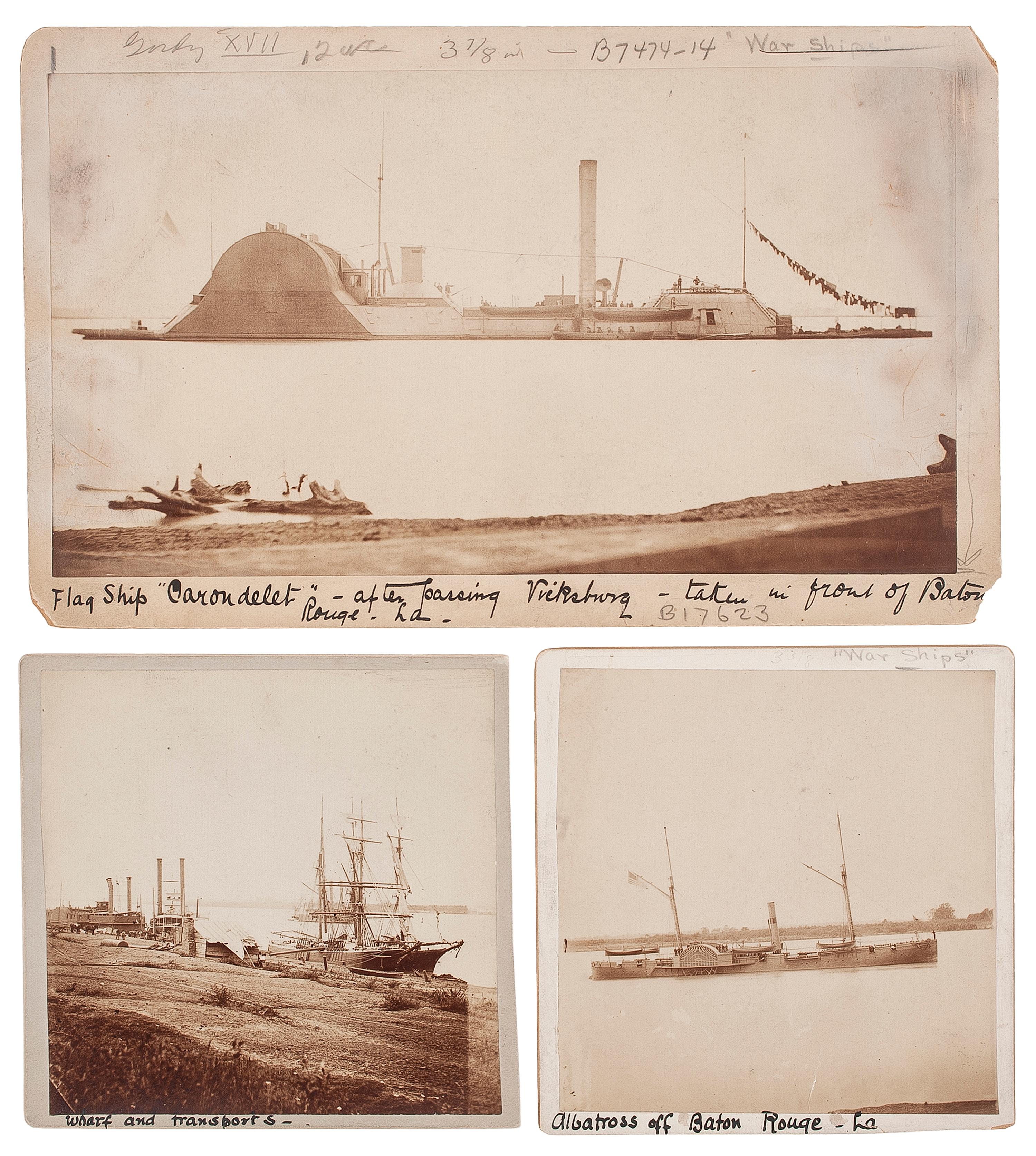 [CIVIL WAR]. A group of 3 companion albumen photographs of gunboats at Baton Rouge, USS Conemaugh , Switzerland , and Choctaw.