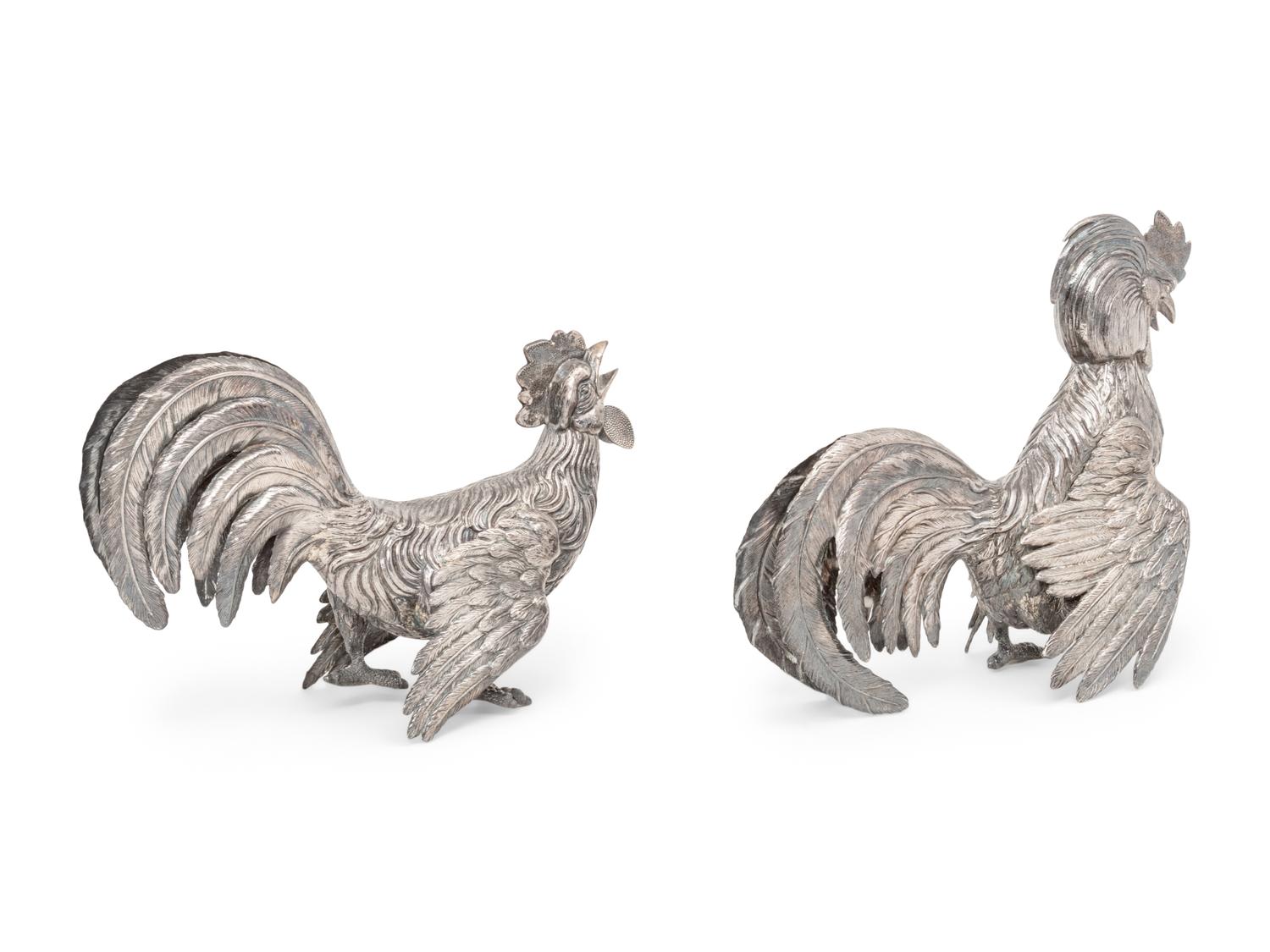A Pair of Spanish Silver Cockerels
