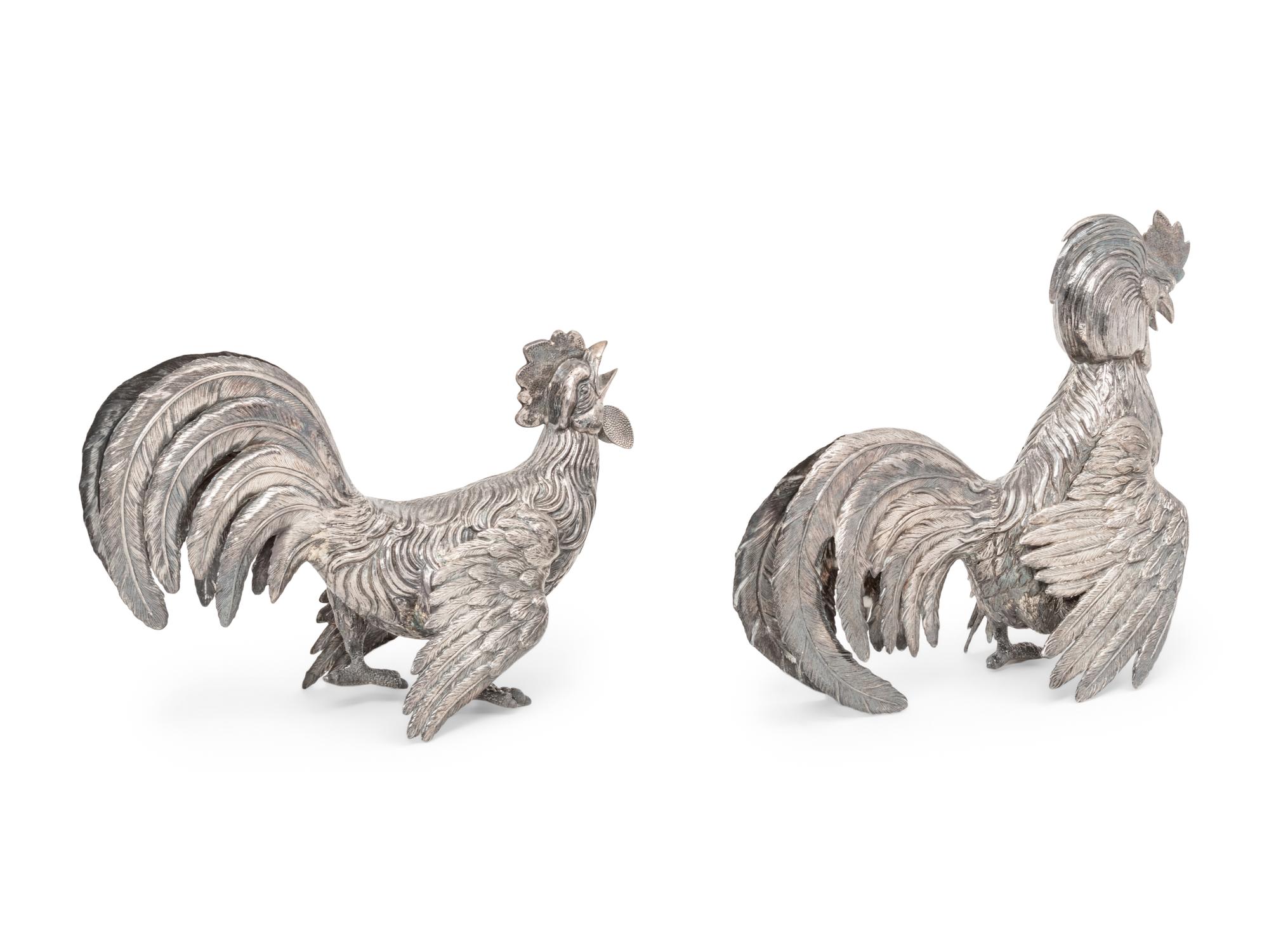 A Pair of Spanish Silver Cockerels