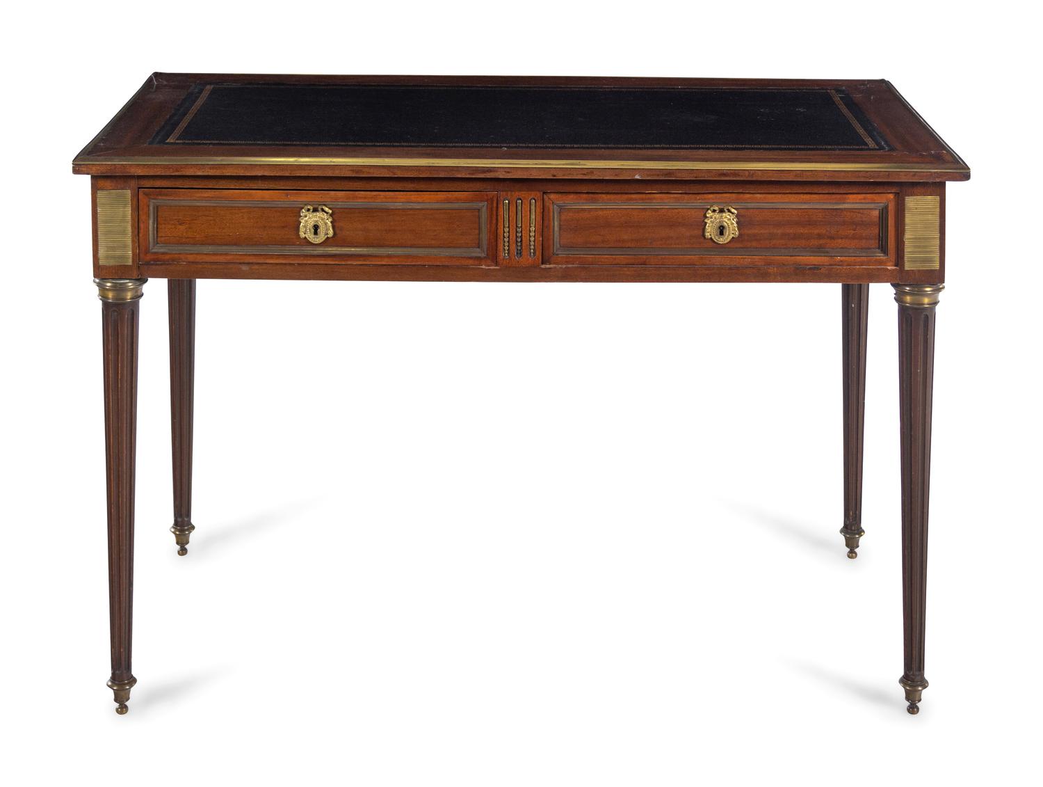 A Louis XVI Style Brass Mounted Mahogany Bureau Plat