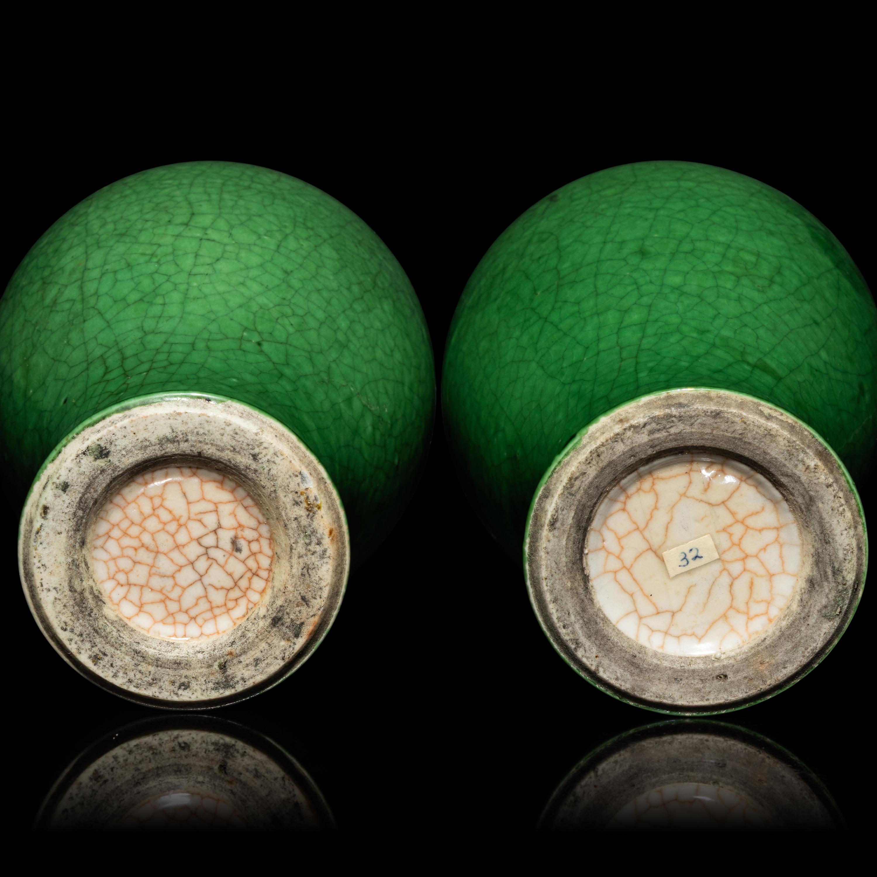 A Pair of Small Chinese Crackled Ground Green Glazed Meiping Vases, Late Qing Dynasty — 清晚期 綠釉開片小梅瓶一對