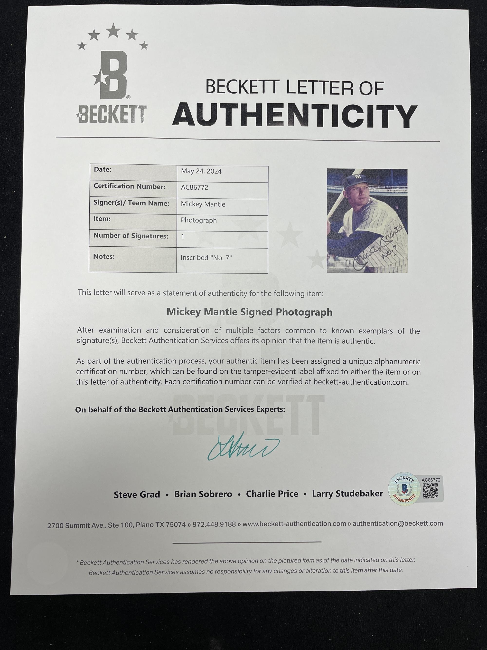 A Mickey Mantle Signed Autograph Photo With No. 7 Inscription (Beckett Authentication Services)