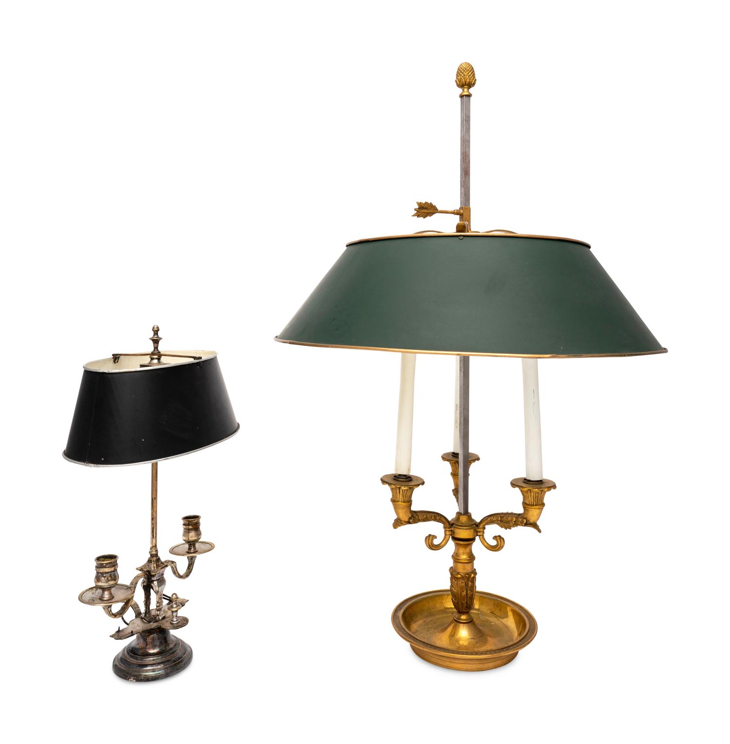 Two Empire Style Bouillotte Lamps with Tole Shades