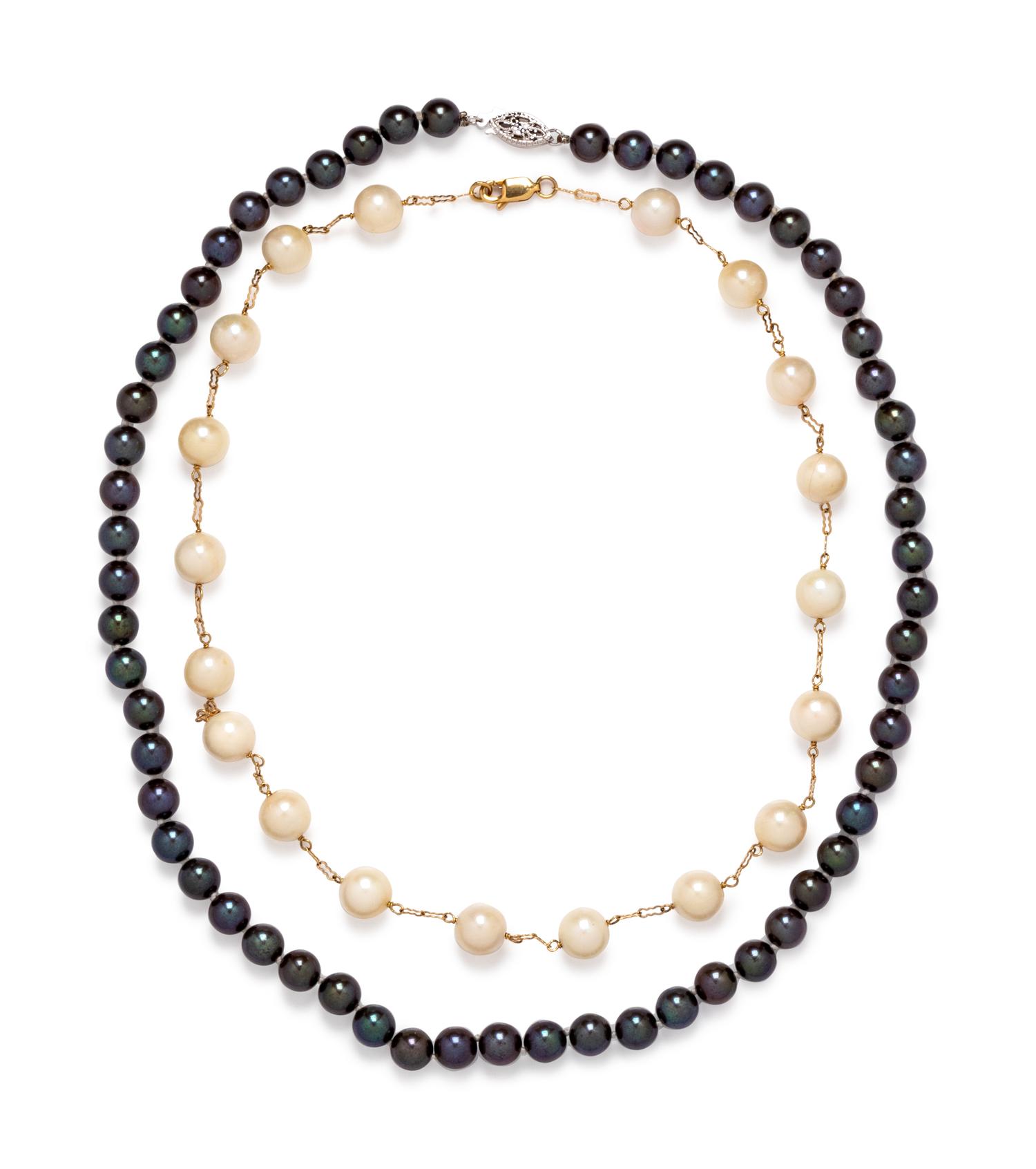 A Collection of 14 Karat Gold and Cultured Pearl Necklaces,