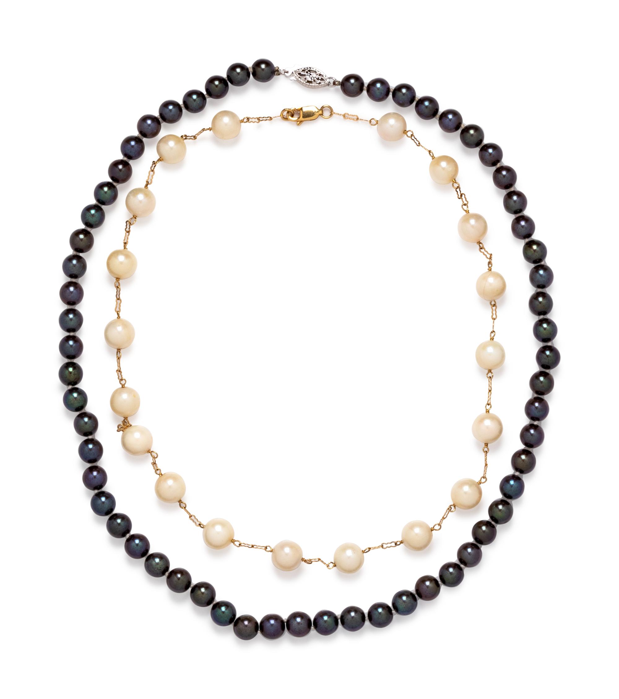 A Collection of 14 Karat Gold and Cultured Pearl Necklaces,