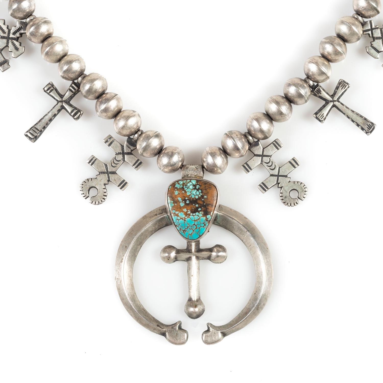 Navajo Sterling Silver and Turquoise Squash Blossom Necklace, with Double-Crosses